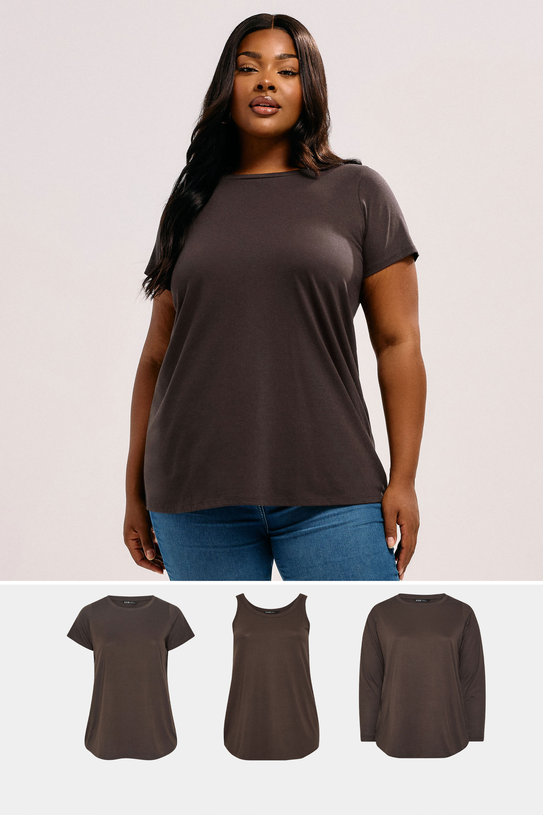 YOURS Plus Size 3 PACK Chocolate Brown Core T-Shirt Essentials Set | Yours Clothing 1