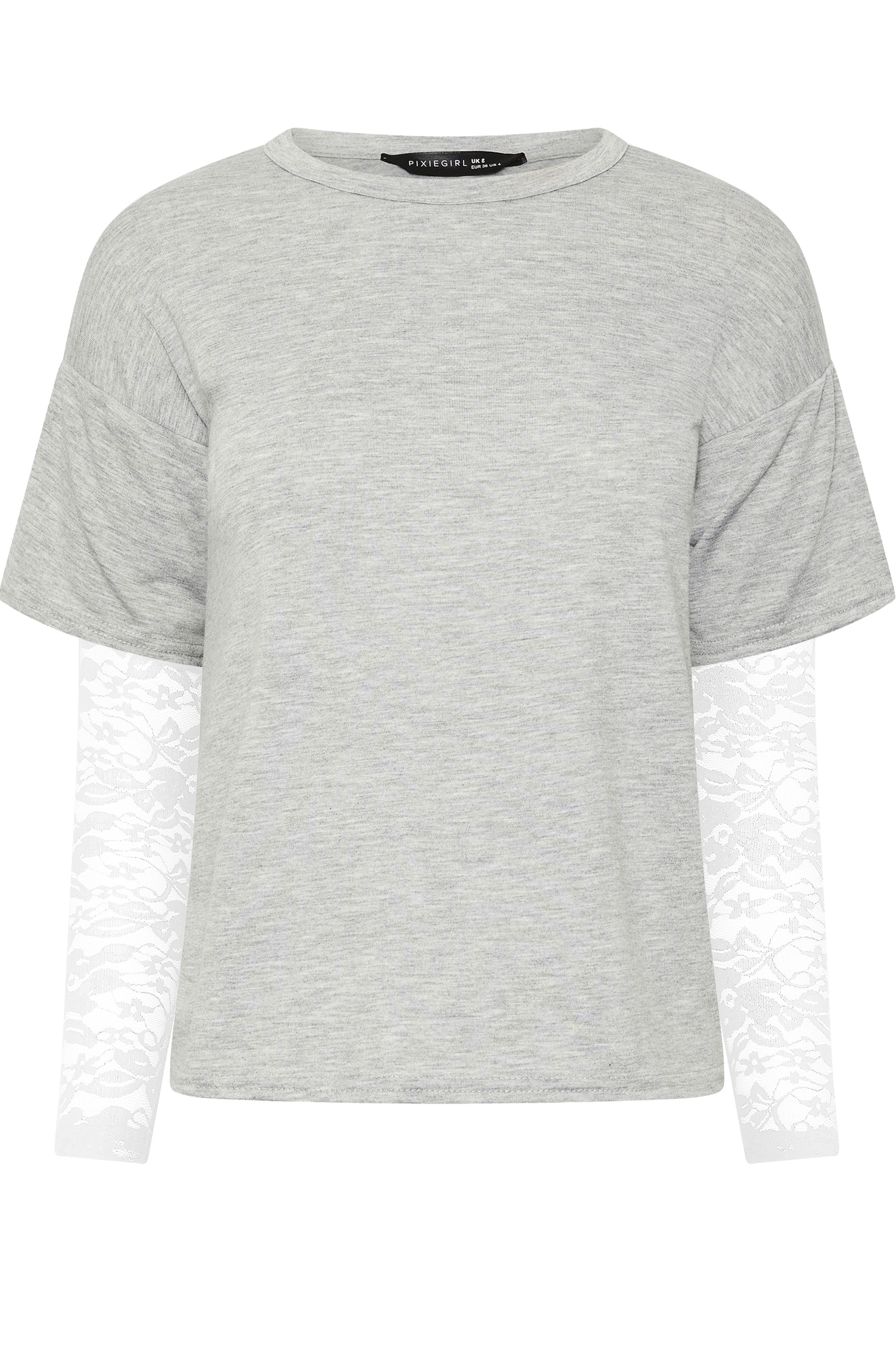 PixieGirl Petite Women's Grey & White Long Sleeve Lace T-Shirt | PixieGirl 5