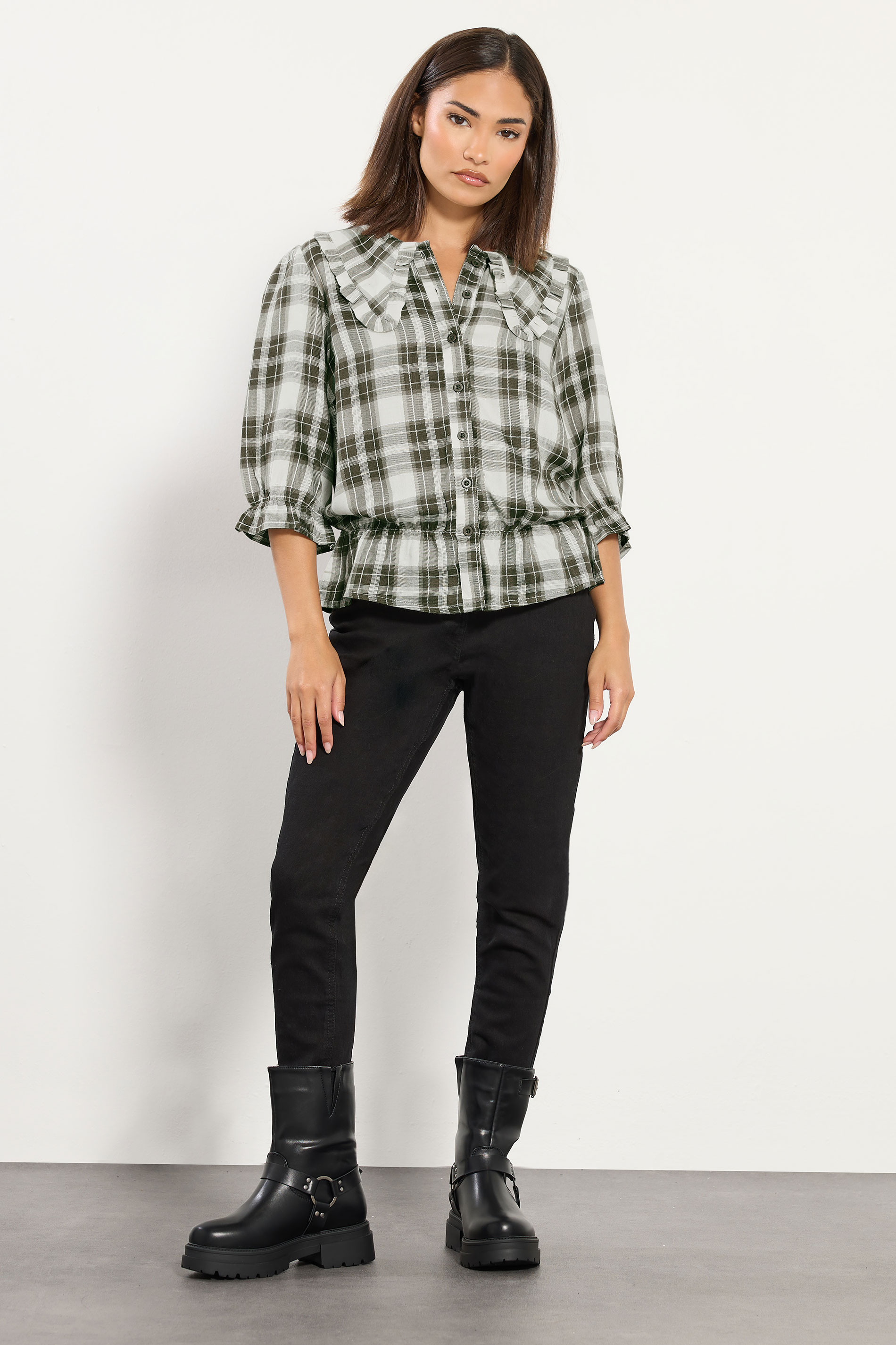 PixieGirl Petite Women's Green Check Collar Smock Top | PixieGirl 2