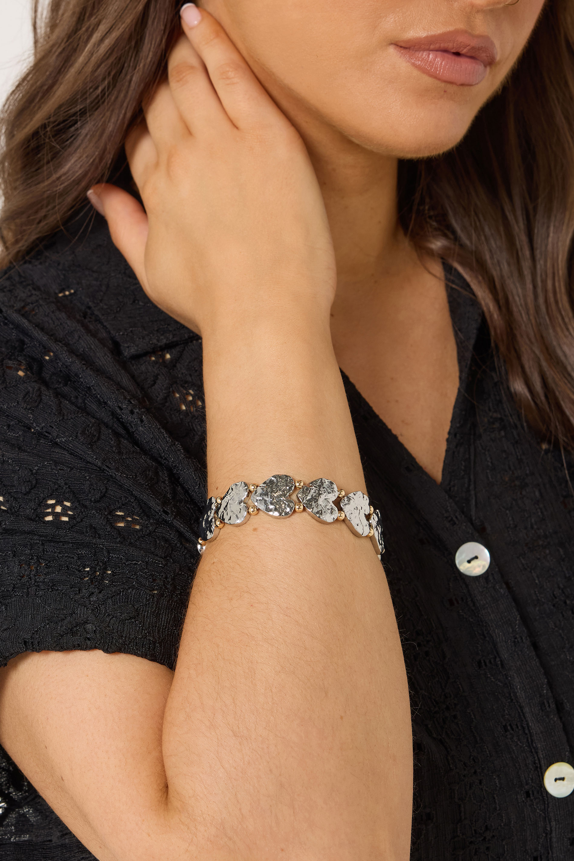 Silver Tone Textured Heart Stretch Bracelet | Yours Clothing 1