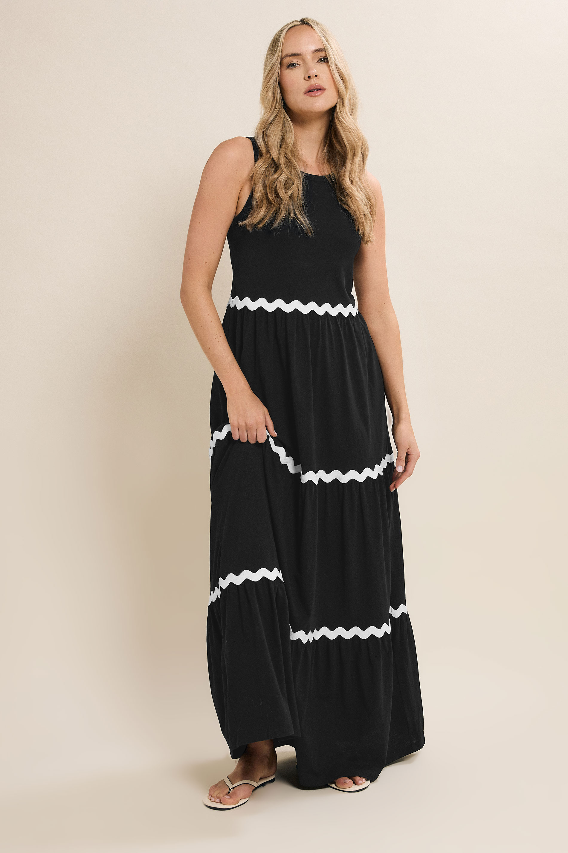 LTS Tall Black Contrast Swirl Tiered Cotton Maxi Dress | Long Tall Sally 1