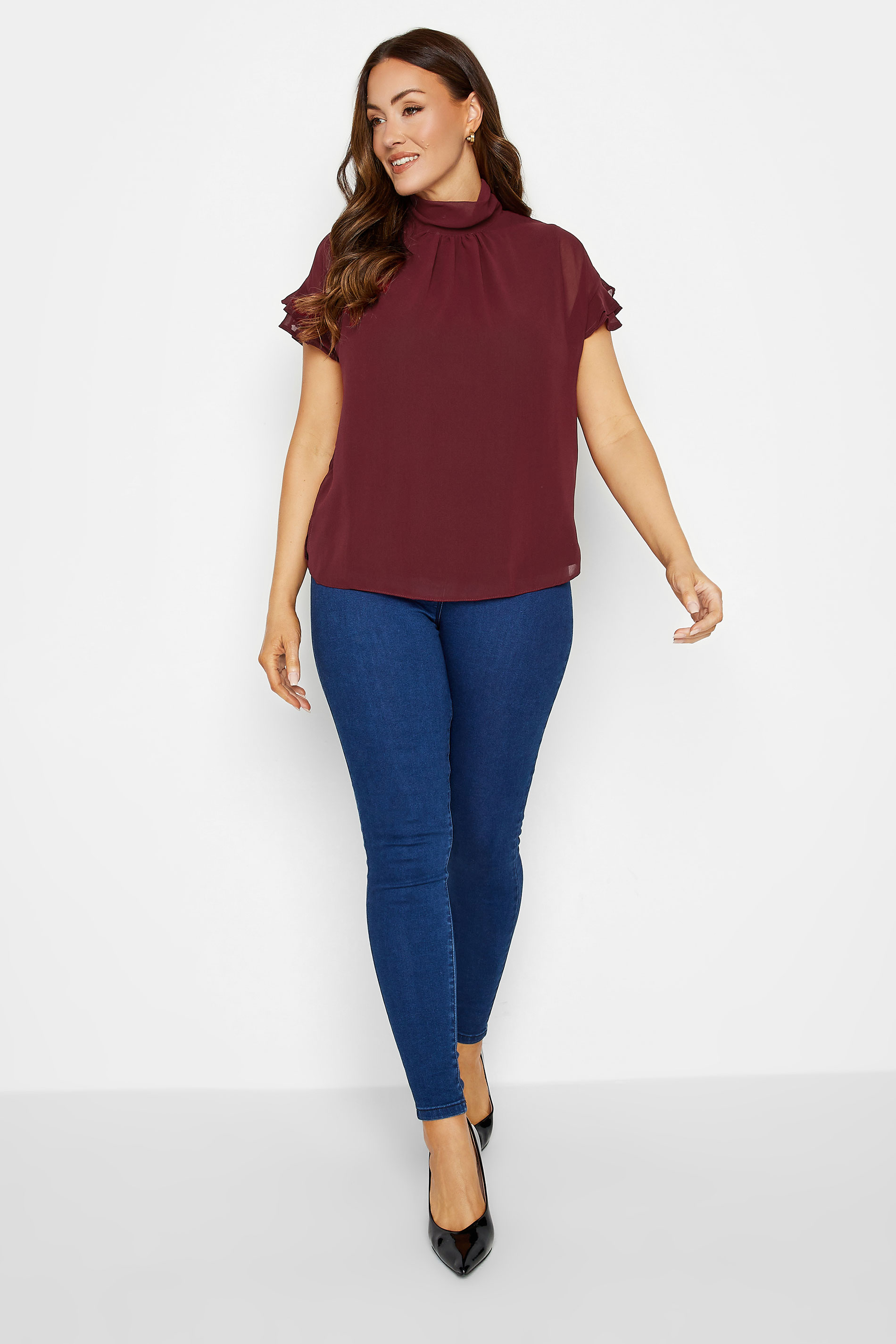 M&Co Burgundy Red High Neck Frill Sleeve Blouse | M&Co 2