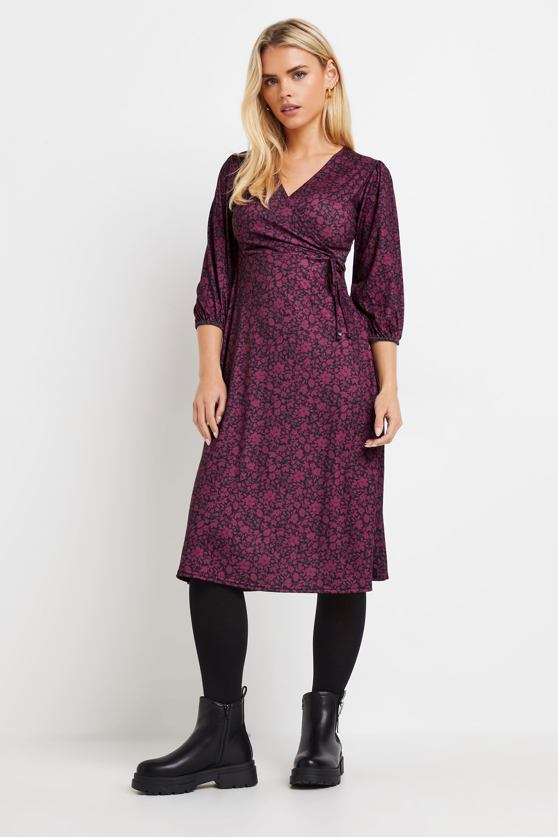 M&Co Petite Berry Red 3/4 Sleeve Floral Wrap Dress | M&Co 3
