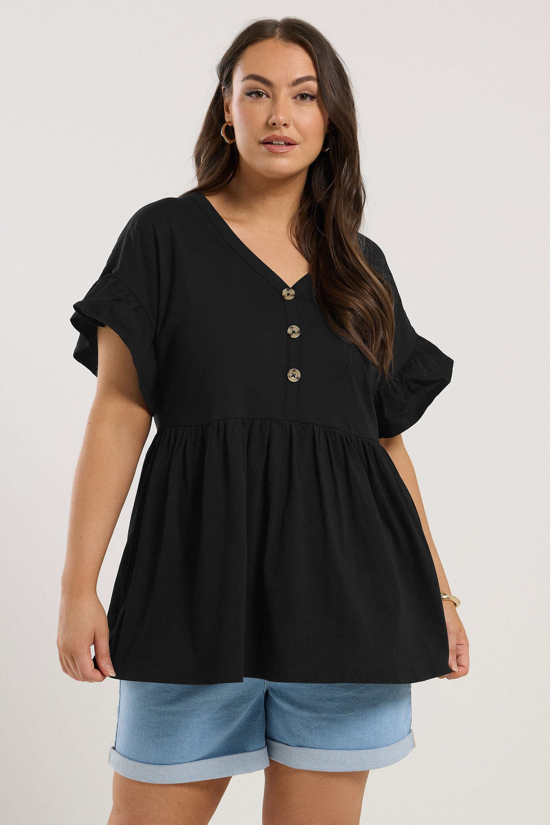 YOURS Plus Size Black Button Frill Sleeve Peplum Top | Yours Clothing 3
