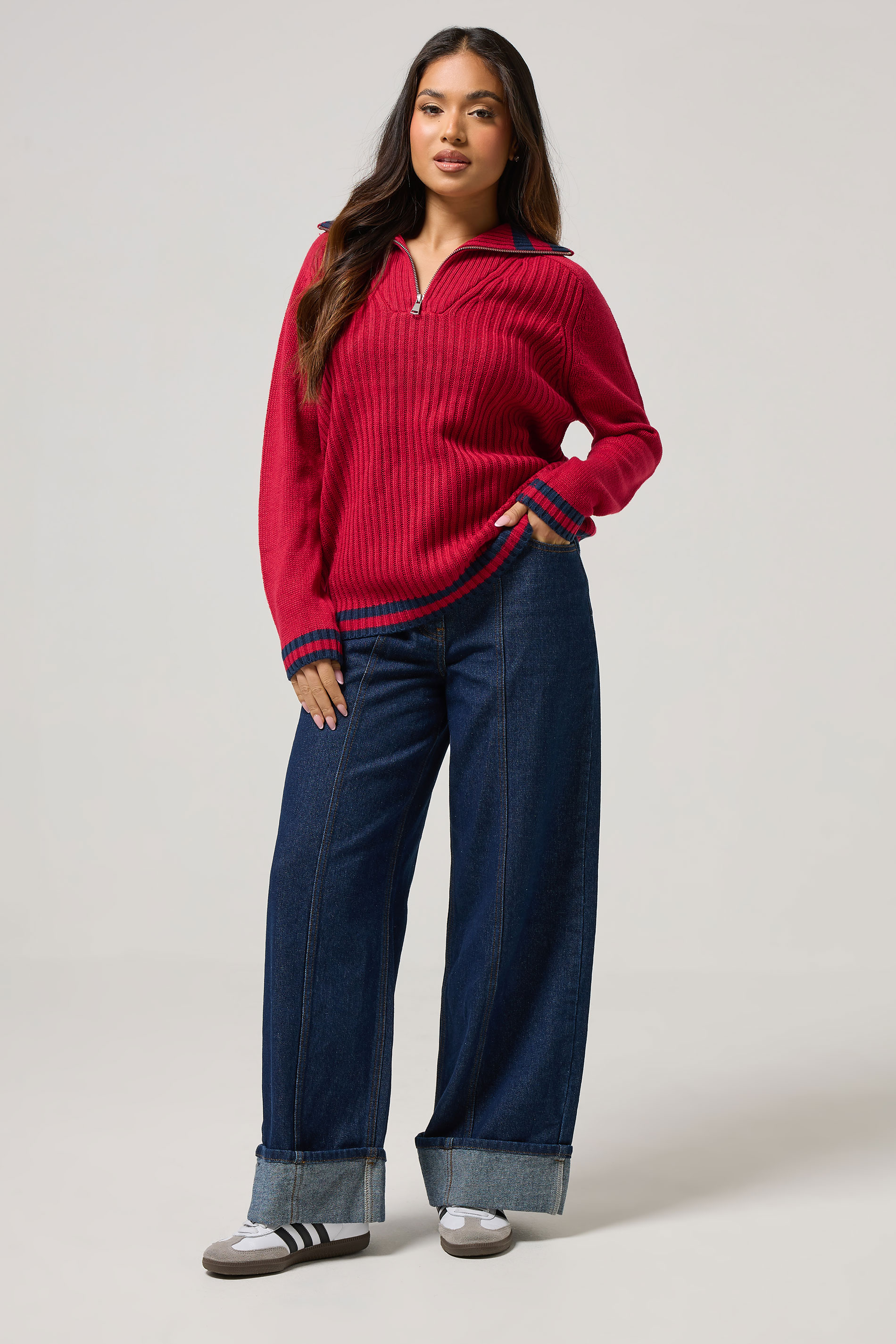 PixieGirl Petite Women's Red Knitted Stripe Quarter Zip Jumper | PixieGirl 2