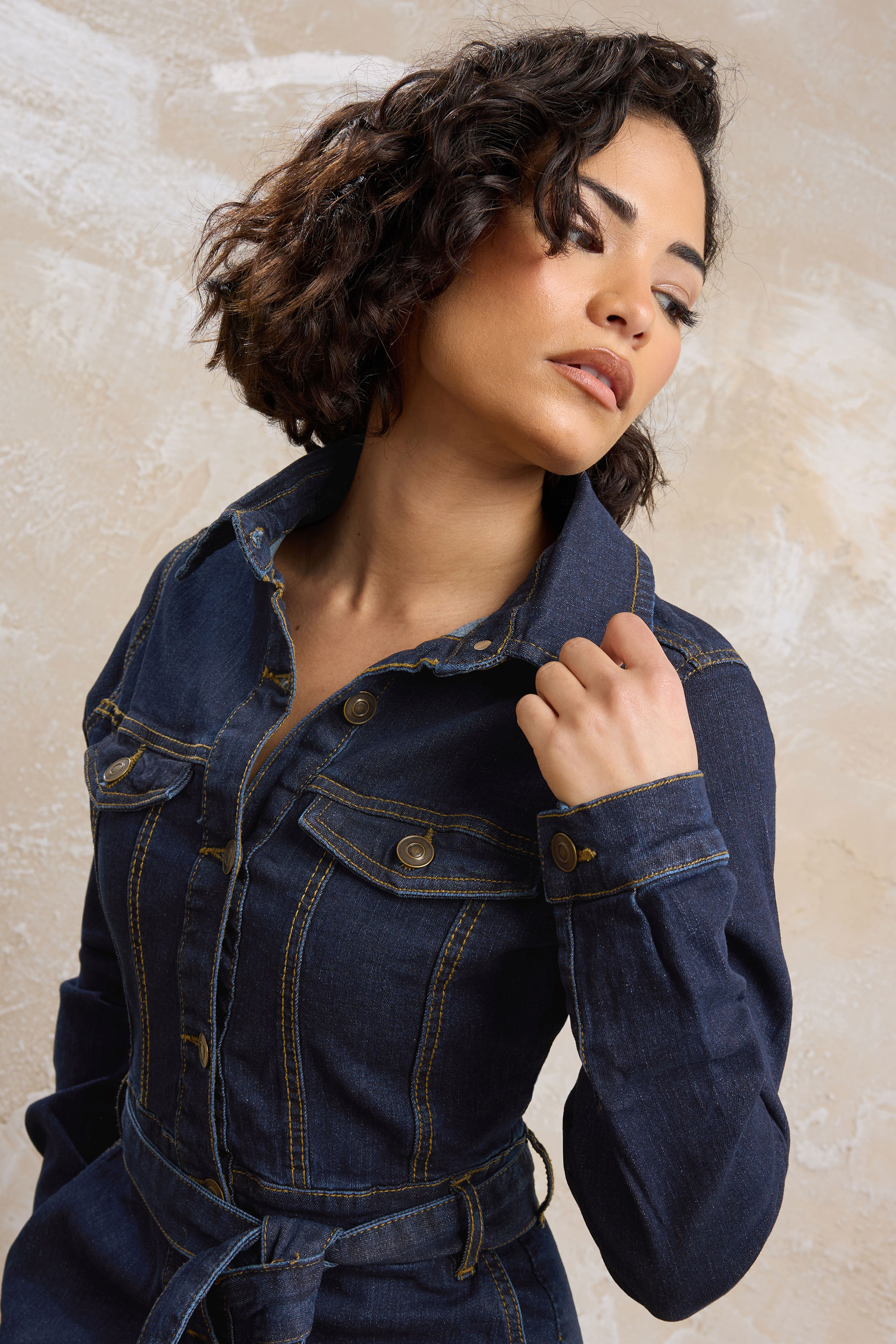 PixieGirl Petite Women's Indigo Blue Denim Tie Waist Midi Dress | PixieGirl 1
