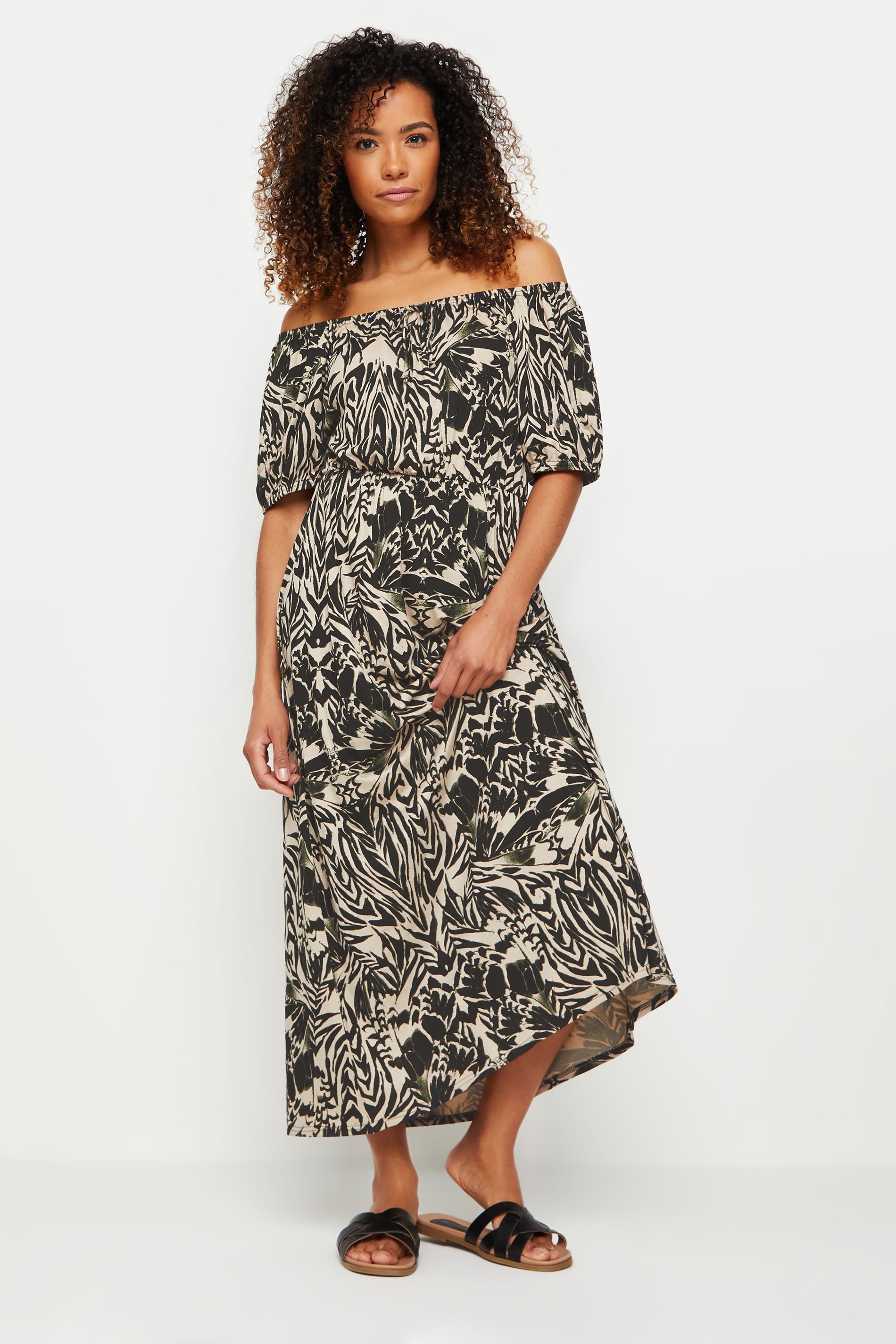 M&Co Neutral Brown & Black Abstract Print Bardot Dress 2