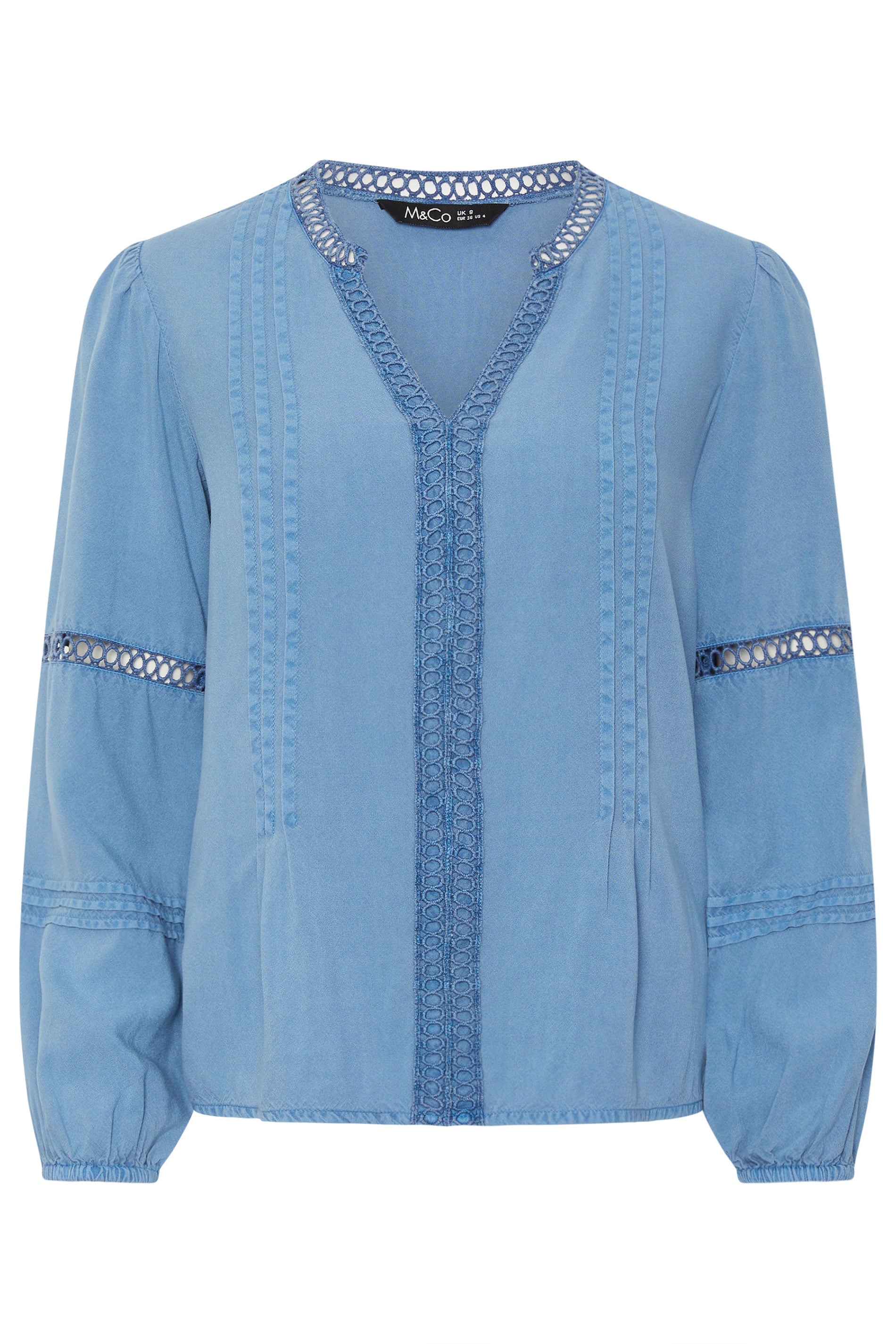 M&Co Petite Blue Lace Trim Pintuck Blouse | M&Co 5