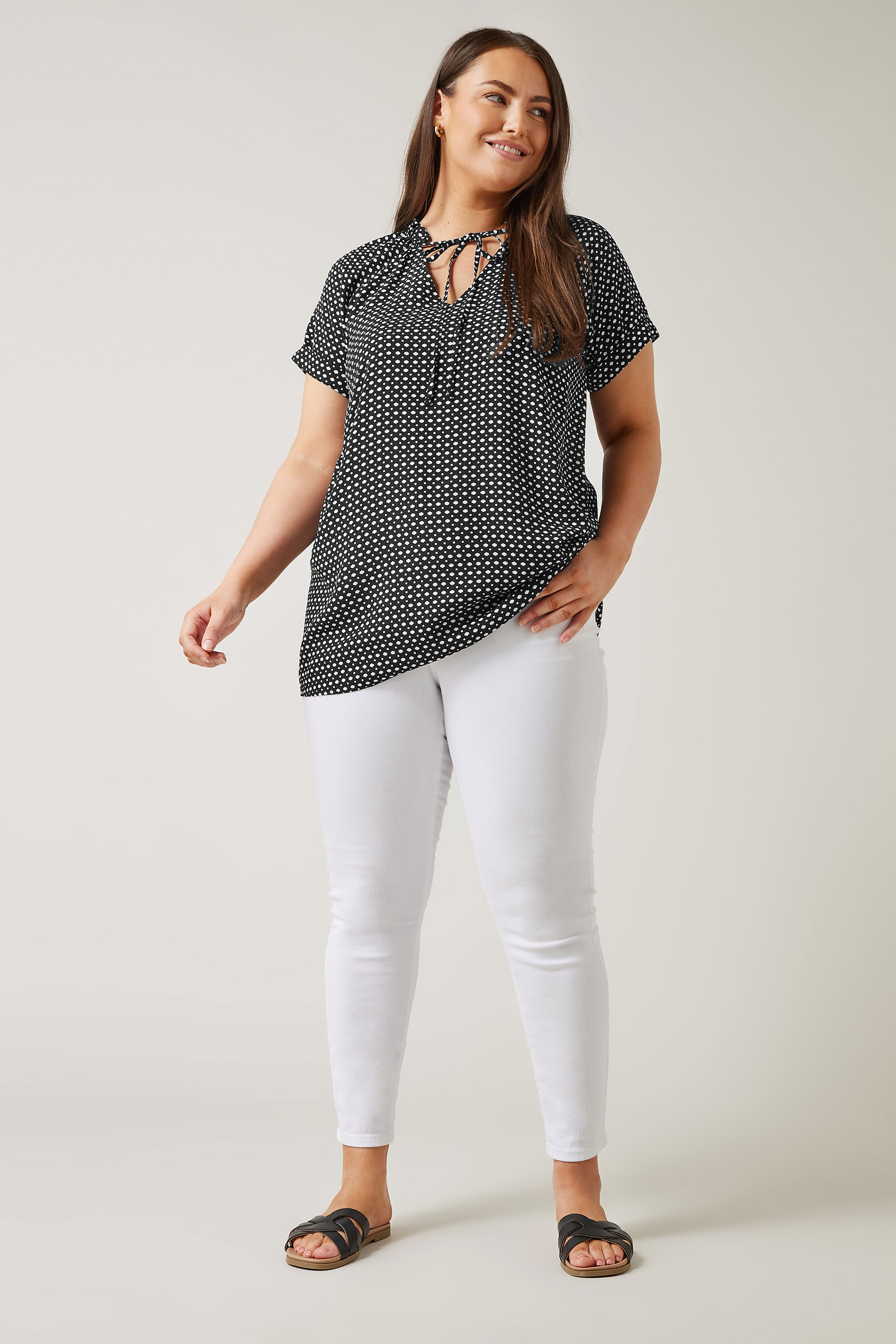 EVANS Plus Size Black Dot Print Tie Neck Blouse | Evans 1
