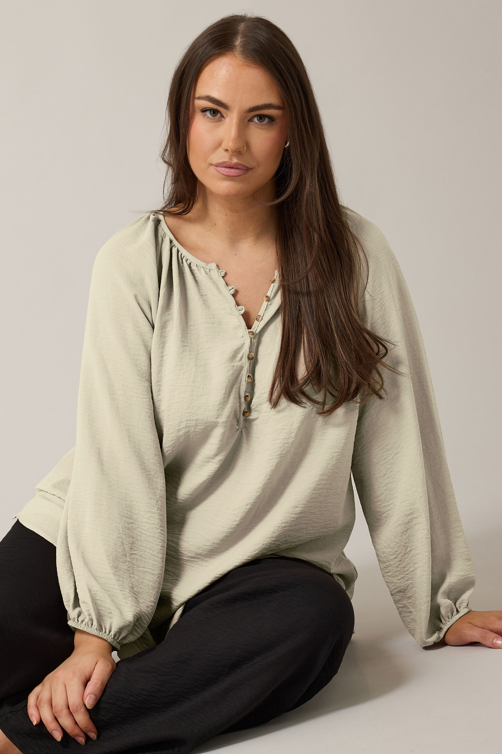EVANS Plus Size Natural Brown Button Front Long Sleeve Blouse | Evans 3