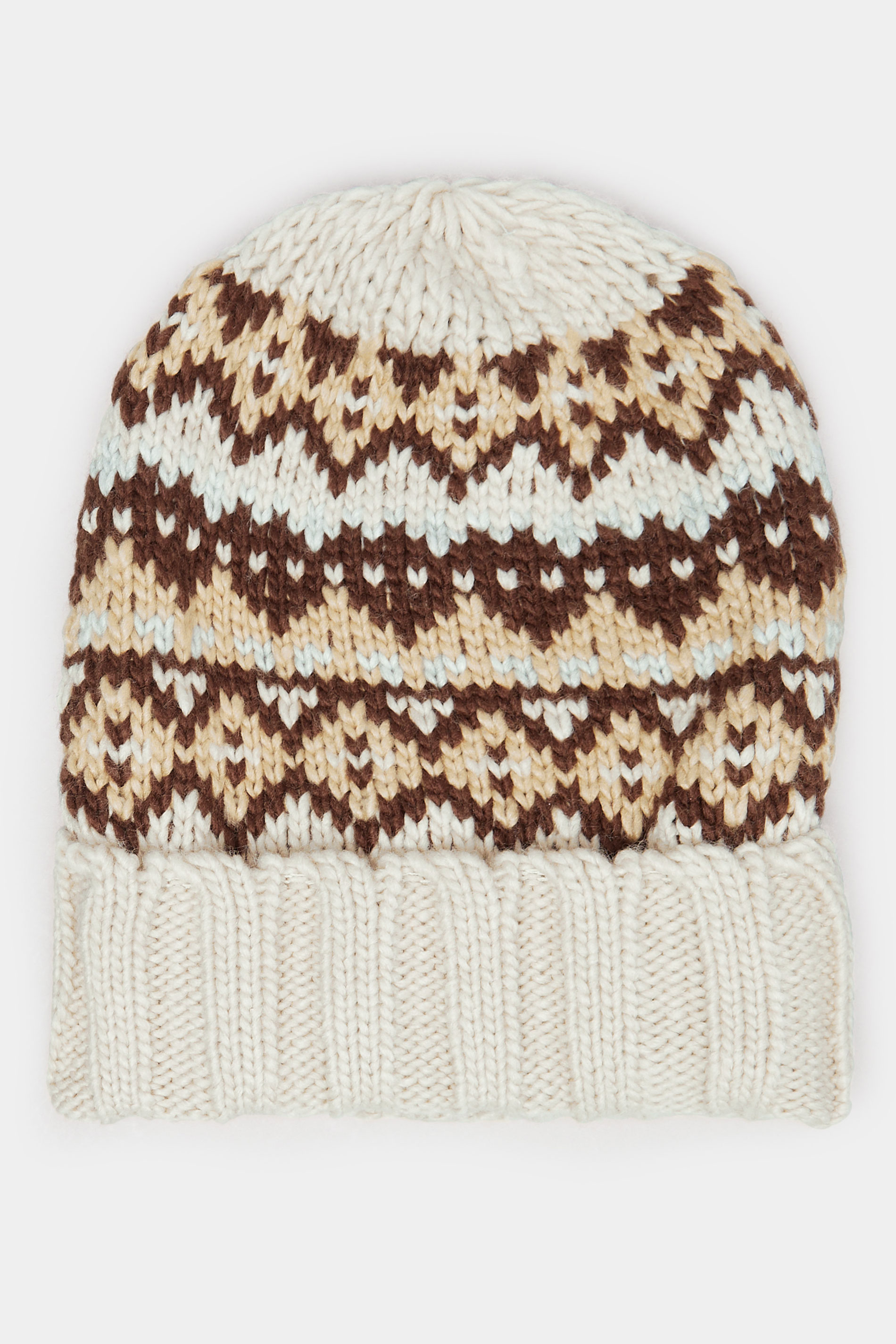 Natural Brown Fairisle Beanie Hat | Yours Clothing 3