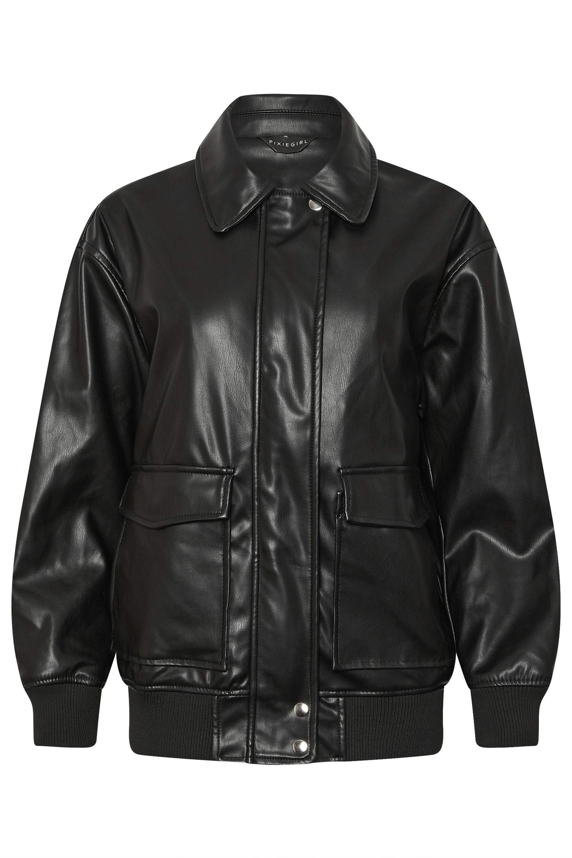 PixieGirl Petite Women's Black Faux Leather Pocket Trucker Jacket | PixieGirl 6