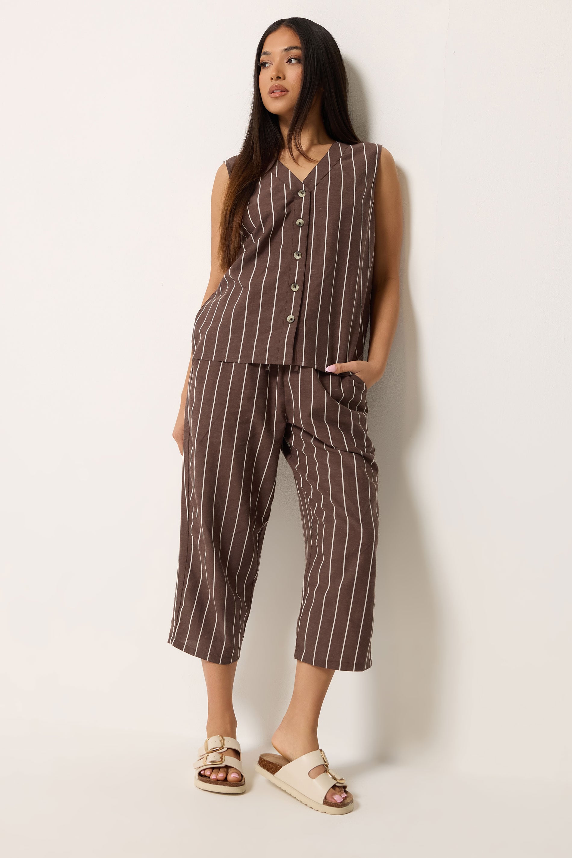 M&Co Petite Chocolate Brown Stripe Button Front Vest Top | M&Co 1