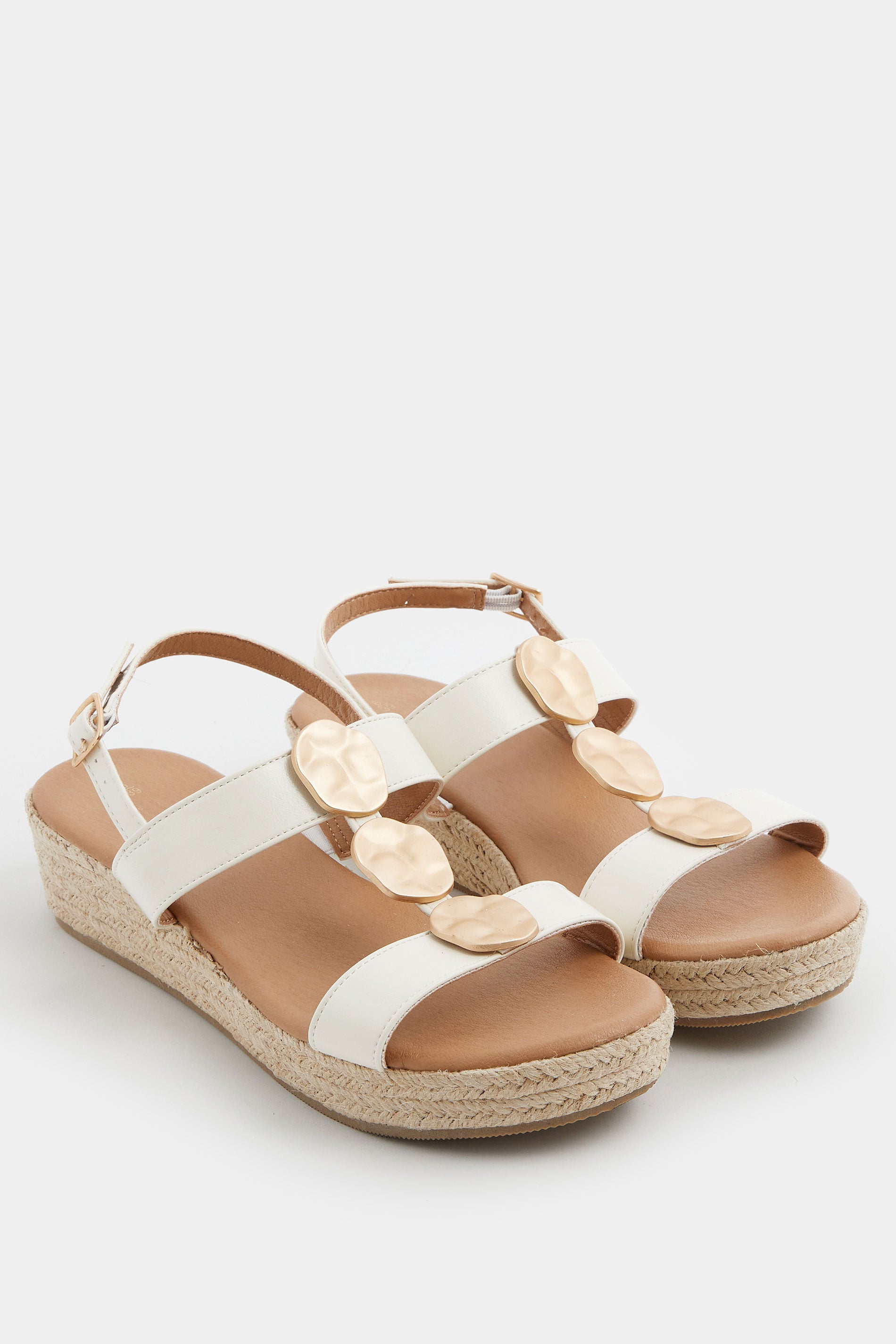 White Hammered Disk Wedge Sandals In Wide E Fit | Yours Clothing 3