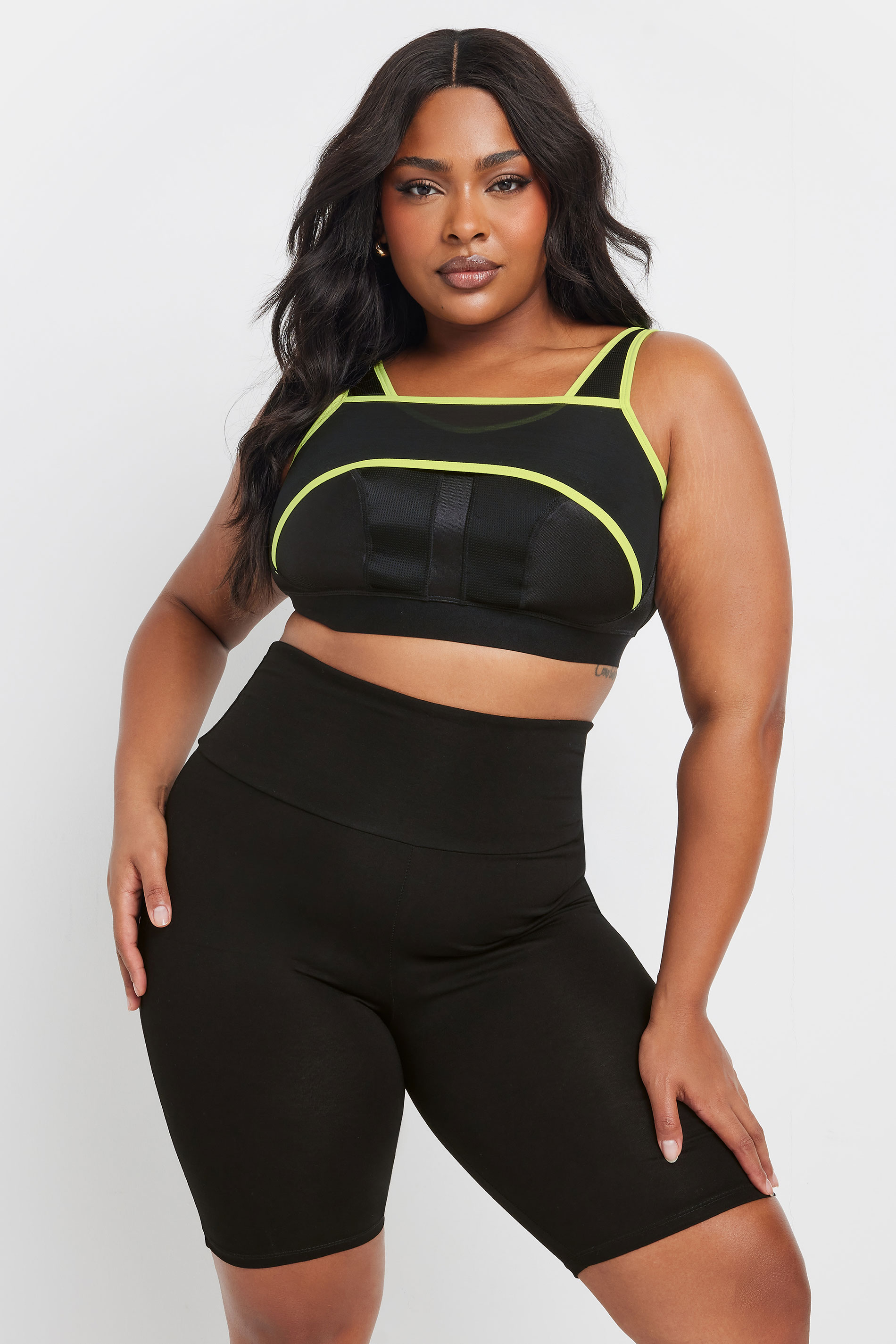 YOURS Plus Size Black Mesh Contrast Trim Non Padded Sports Bra | Yours Clothing 1