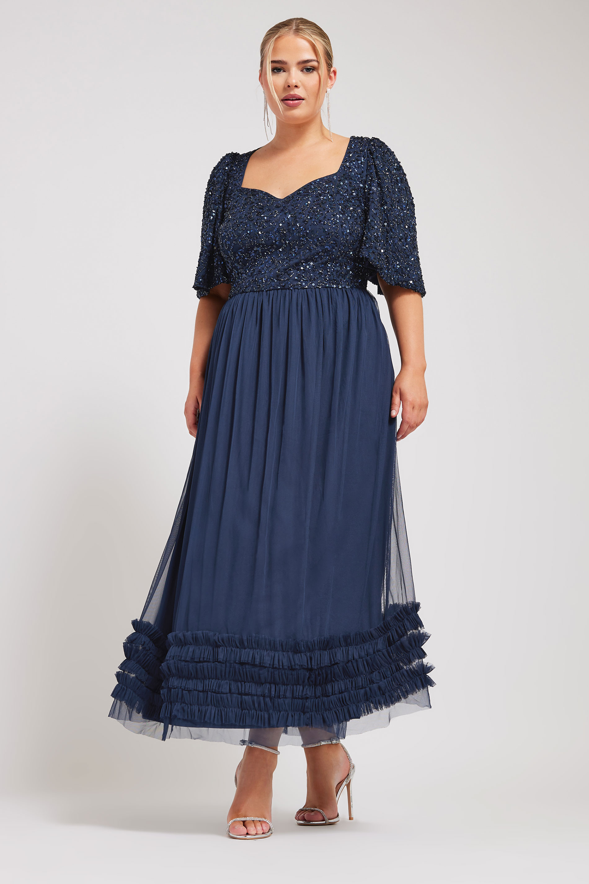 LUXE Plus Size Curve Navy Blue Sequin Sweetheart Ruffle Maxi Dress | Yours Clothing  3