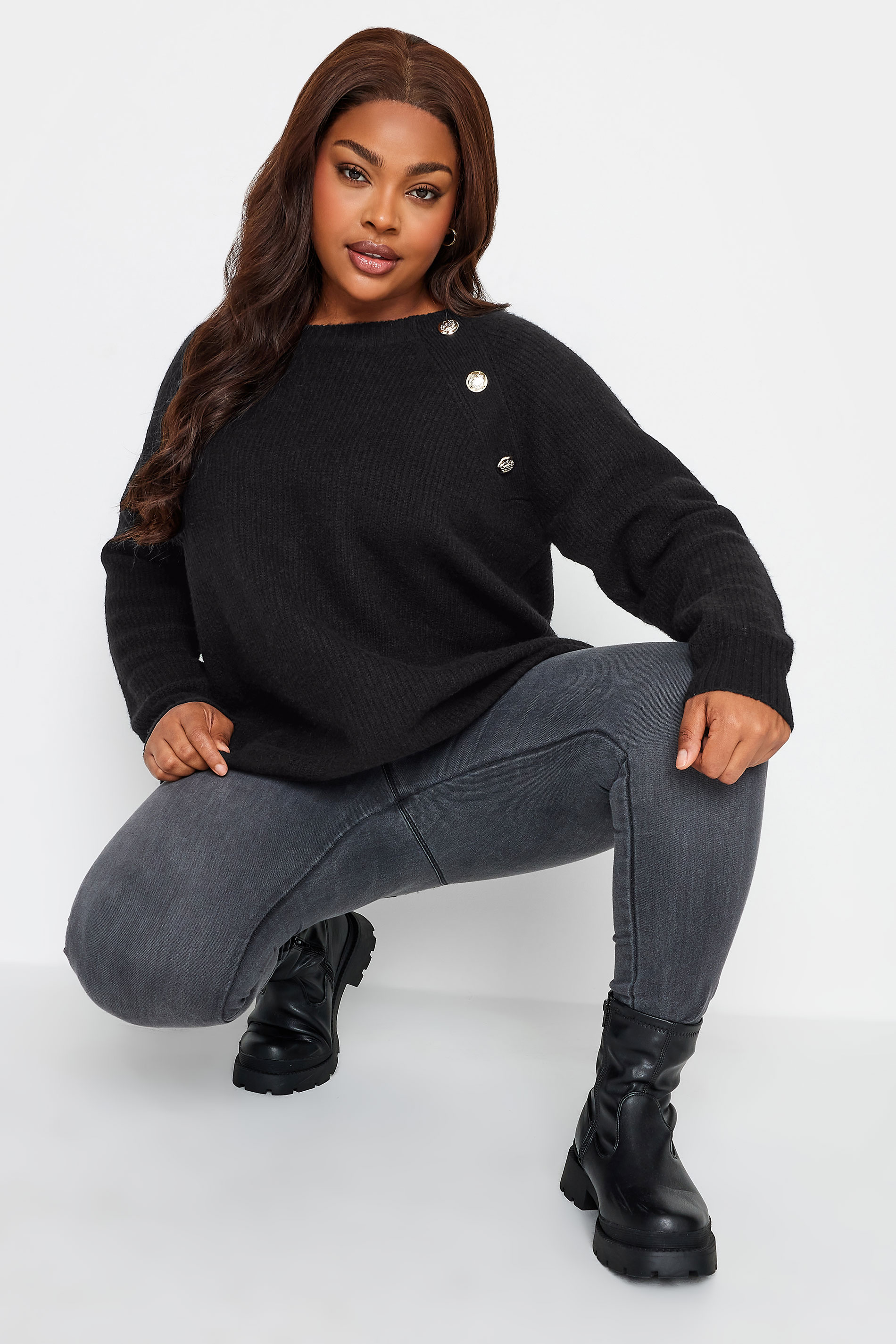 YOURS Plus Size Black Button Detail Knitted Jumper | Yours Clothing 2