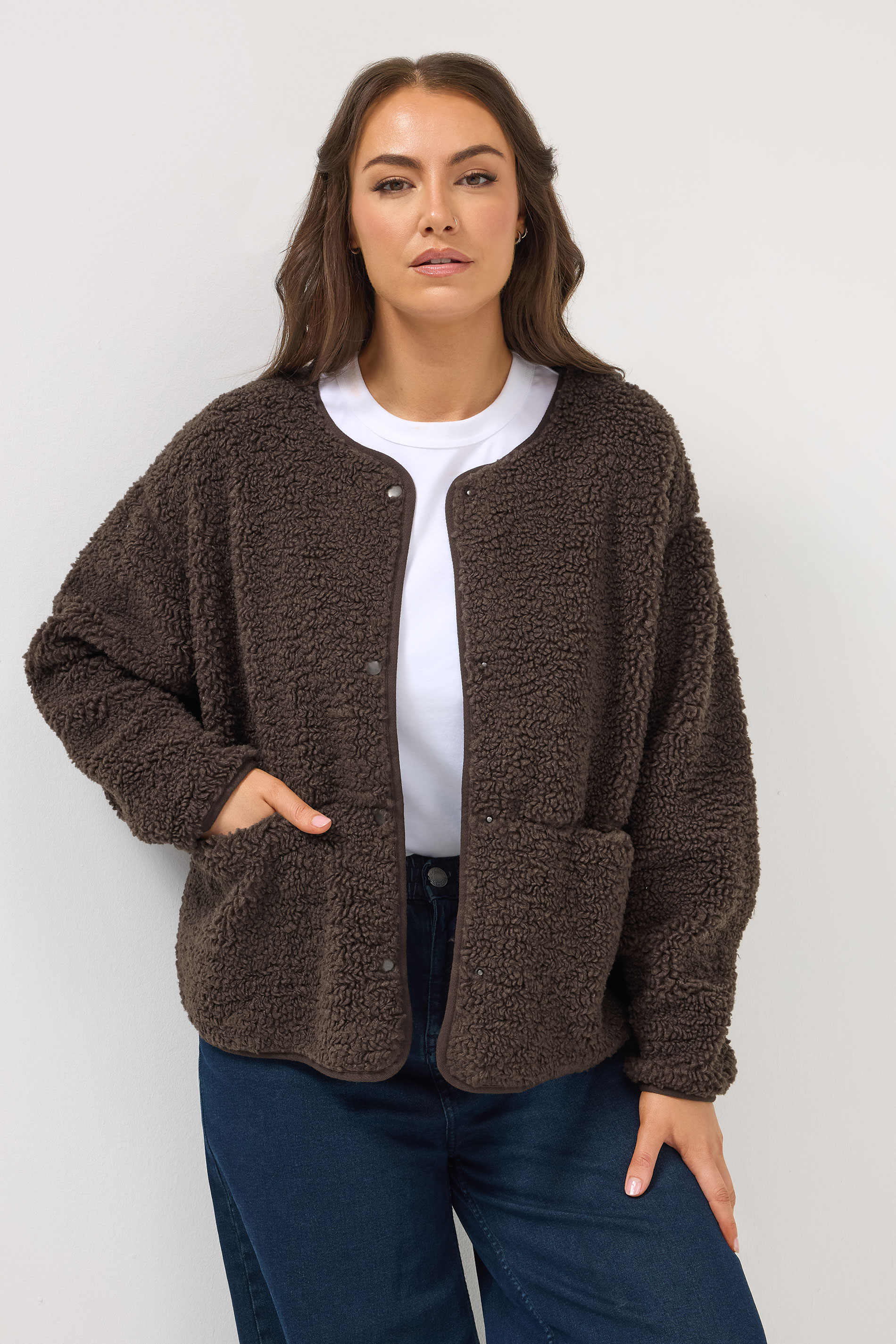 YOURS Plus Size Chocolate Brown Collarless Fleece Jacket | Yours Clothing 3