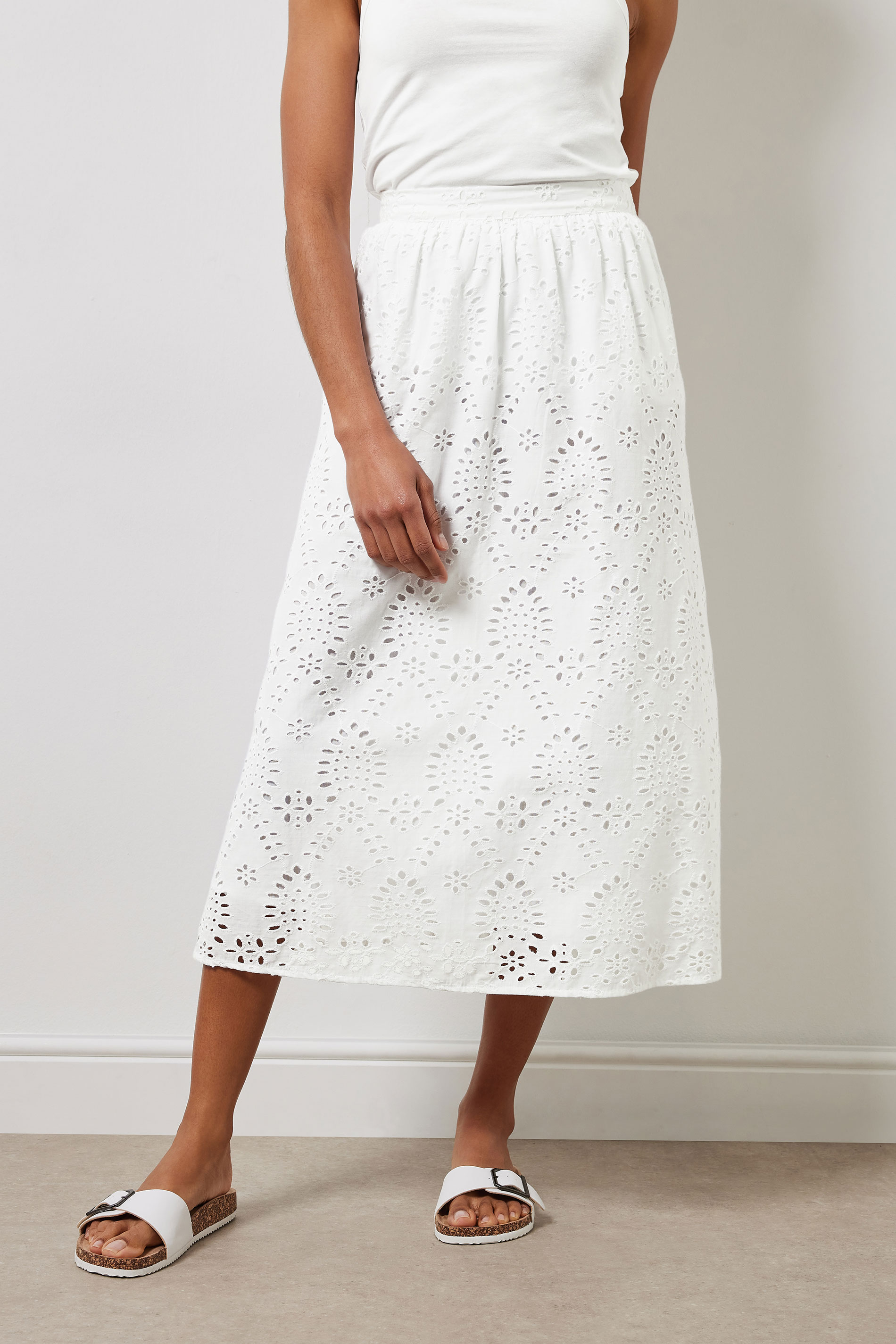 M&Co White Cotton Broderie Midi Skirt | M&Co 1