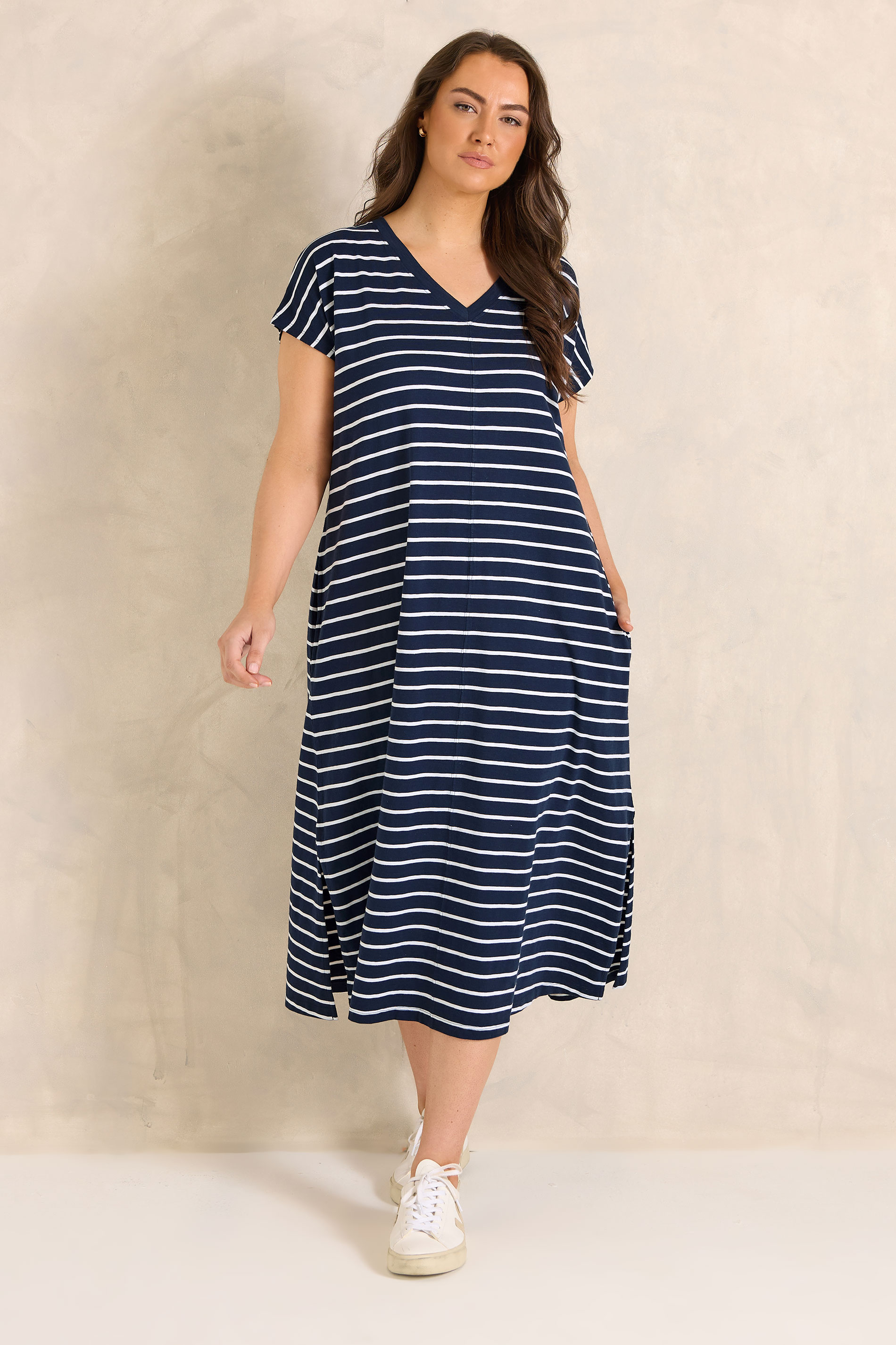 EVANS Plus Size Navy Blue Stripe Premium Cotton Dress | Evans 1