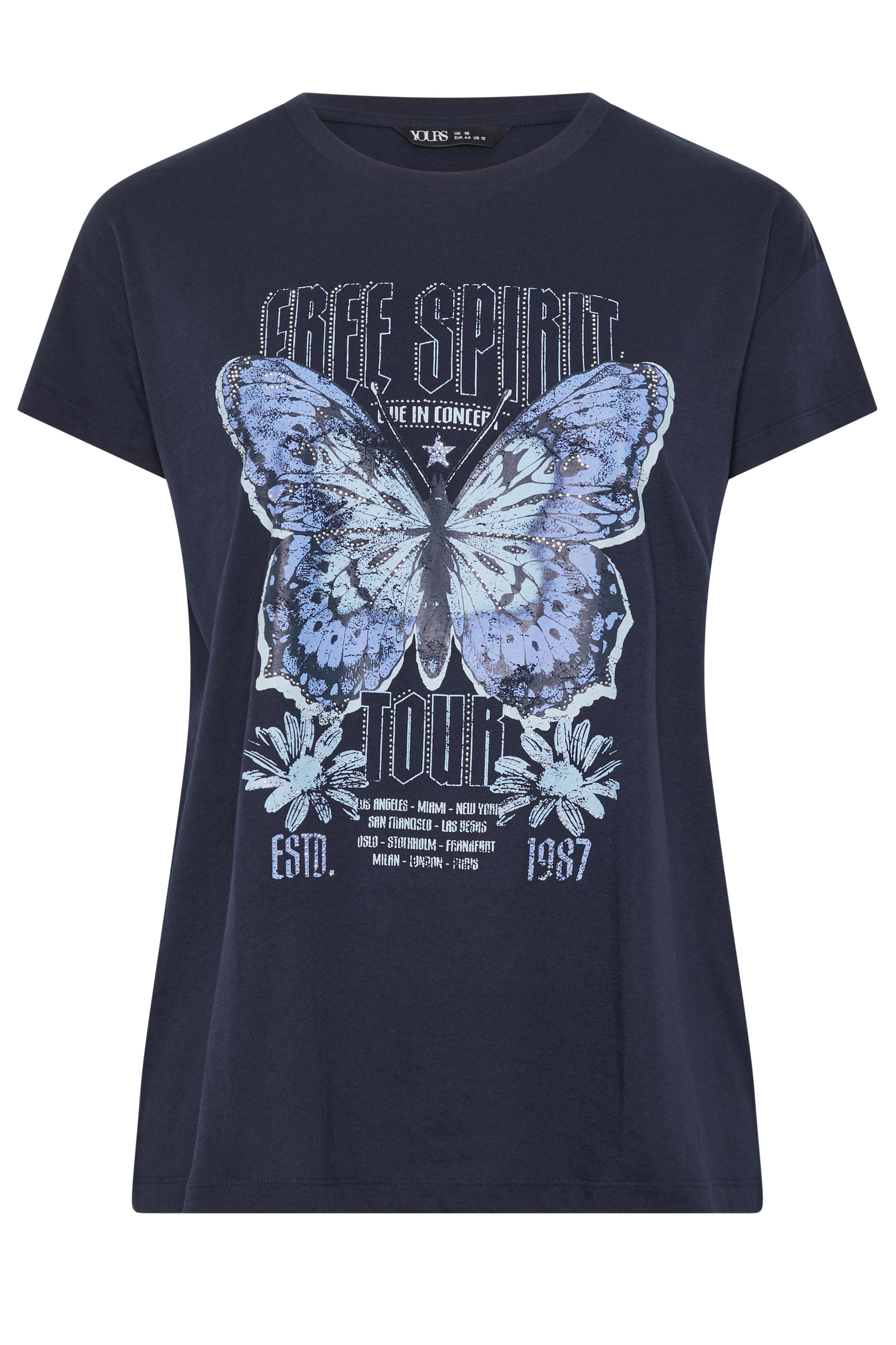 YOURS Plus Size Navy Blue 'Free Spirit' Butterfly Embellished T-Shirt | Yours Clothing 5