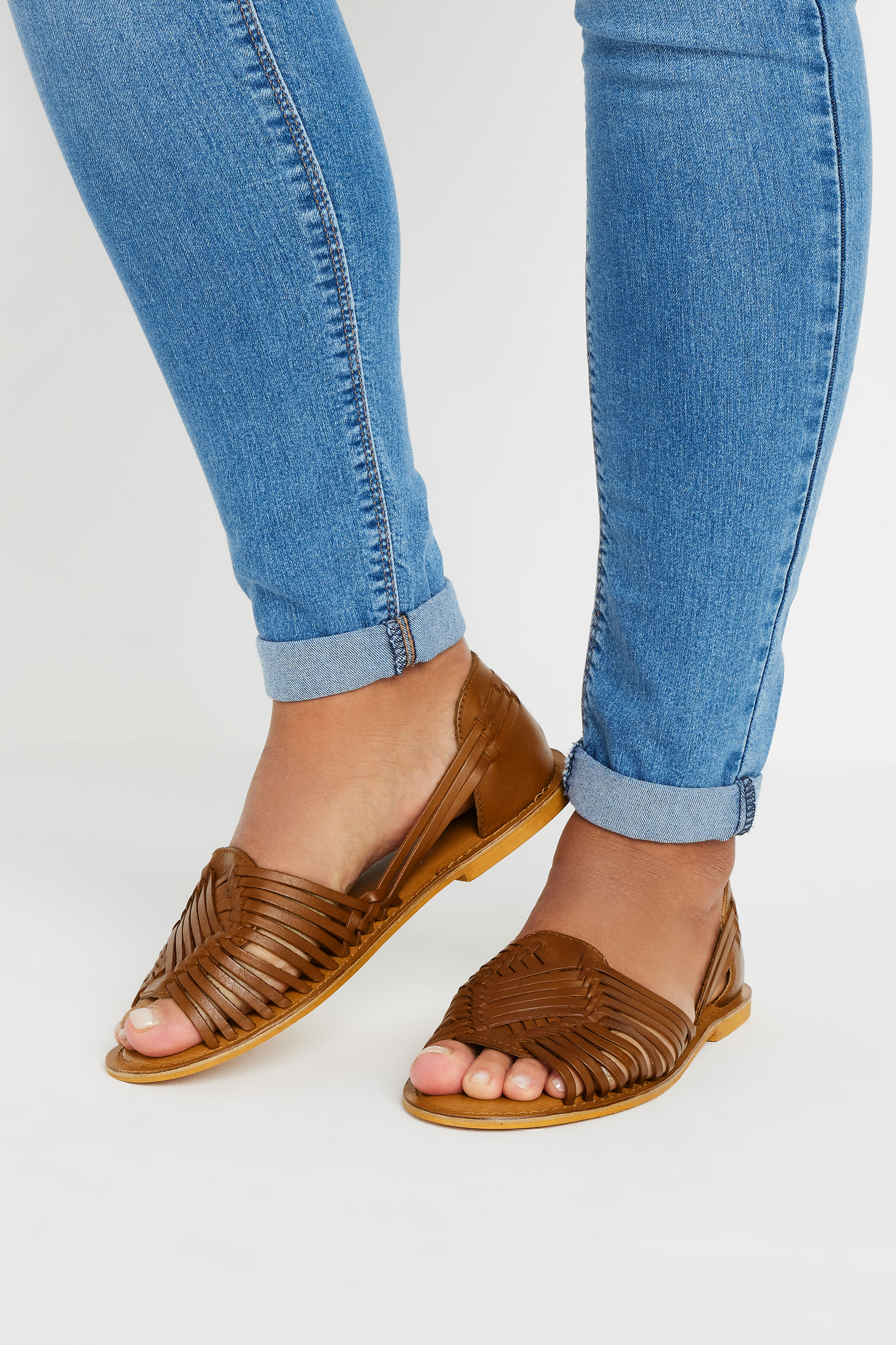 Brown Leather Woven Flat Sandals In Wide E Fit & Extra Wide EEE Fit | Yours Clothing 3