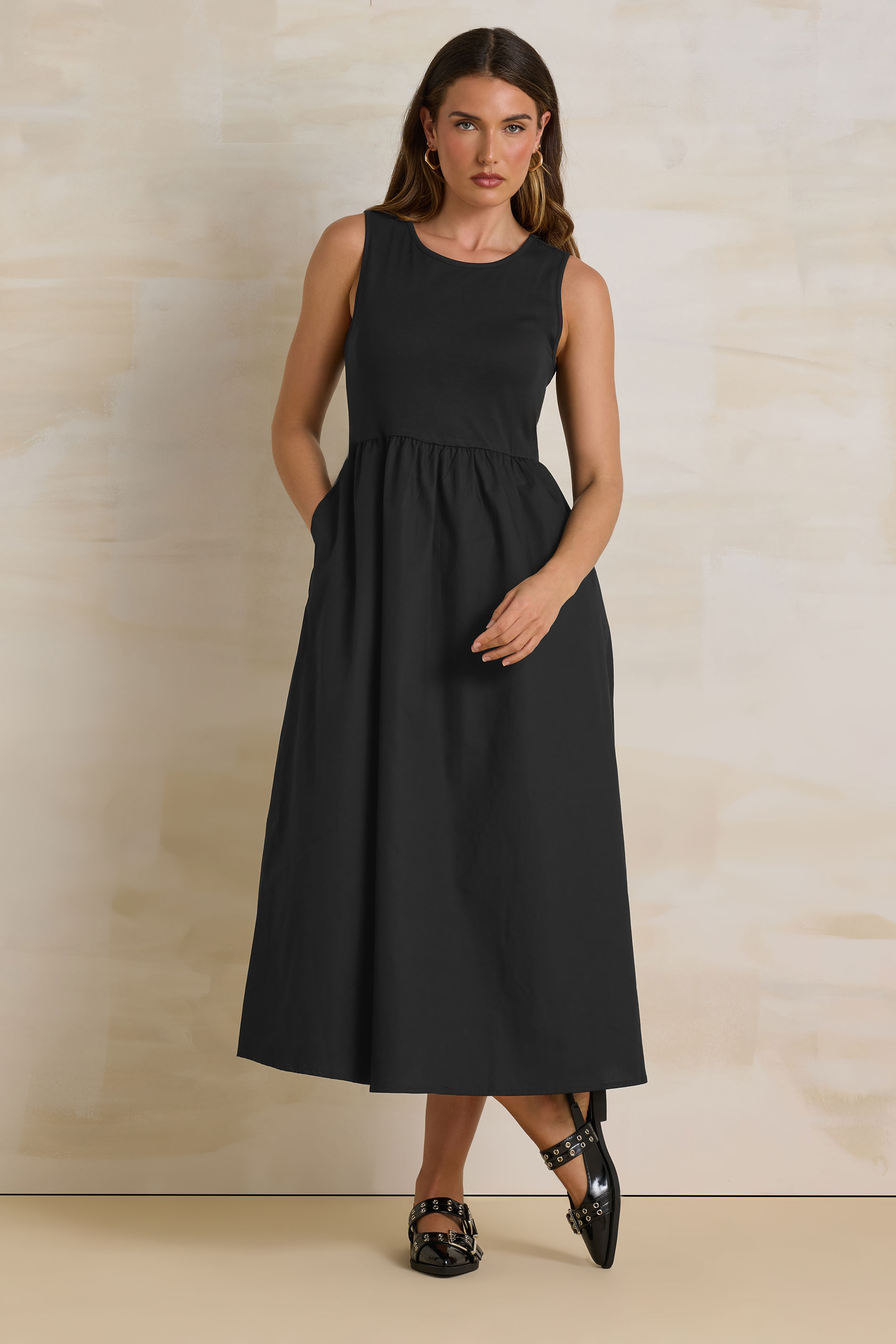 LTS Tall Black Jersey & Woven Mix Cotton Midi Dress | Long Tall Sally 3