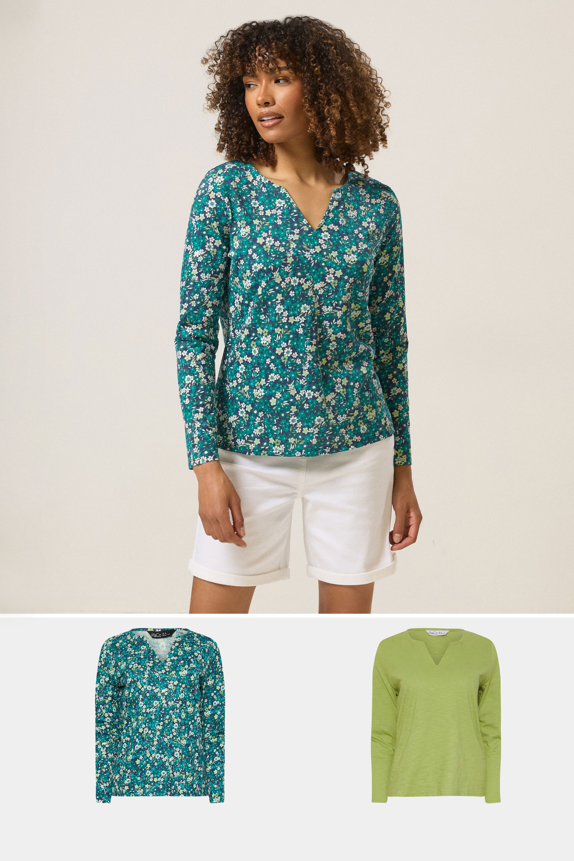 M&Co 2 Pack Light Green & Floral Print Cotton Notch Neck T-Shirts | M&Co 3