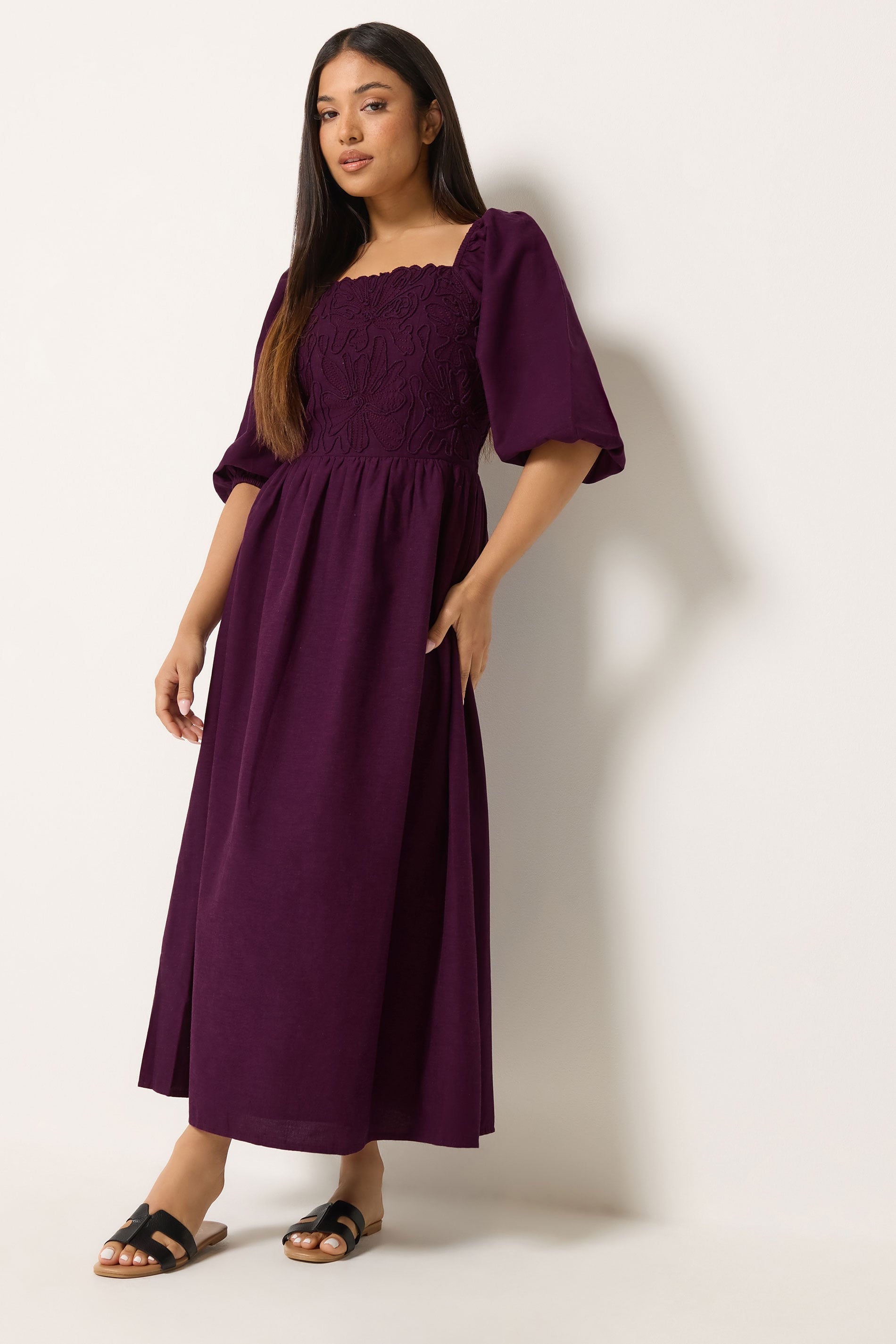M&Co Petite Berry Purple Short Sleeve Embroidered Trim Maxi Dress | M&Co 3