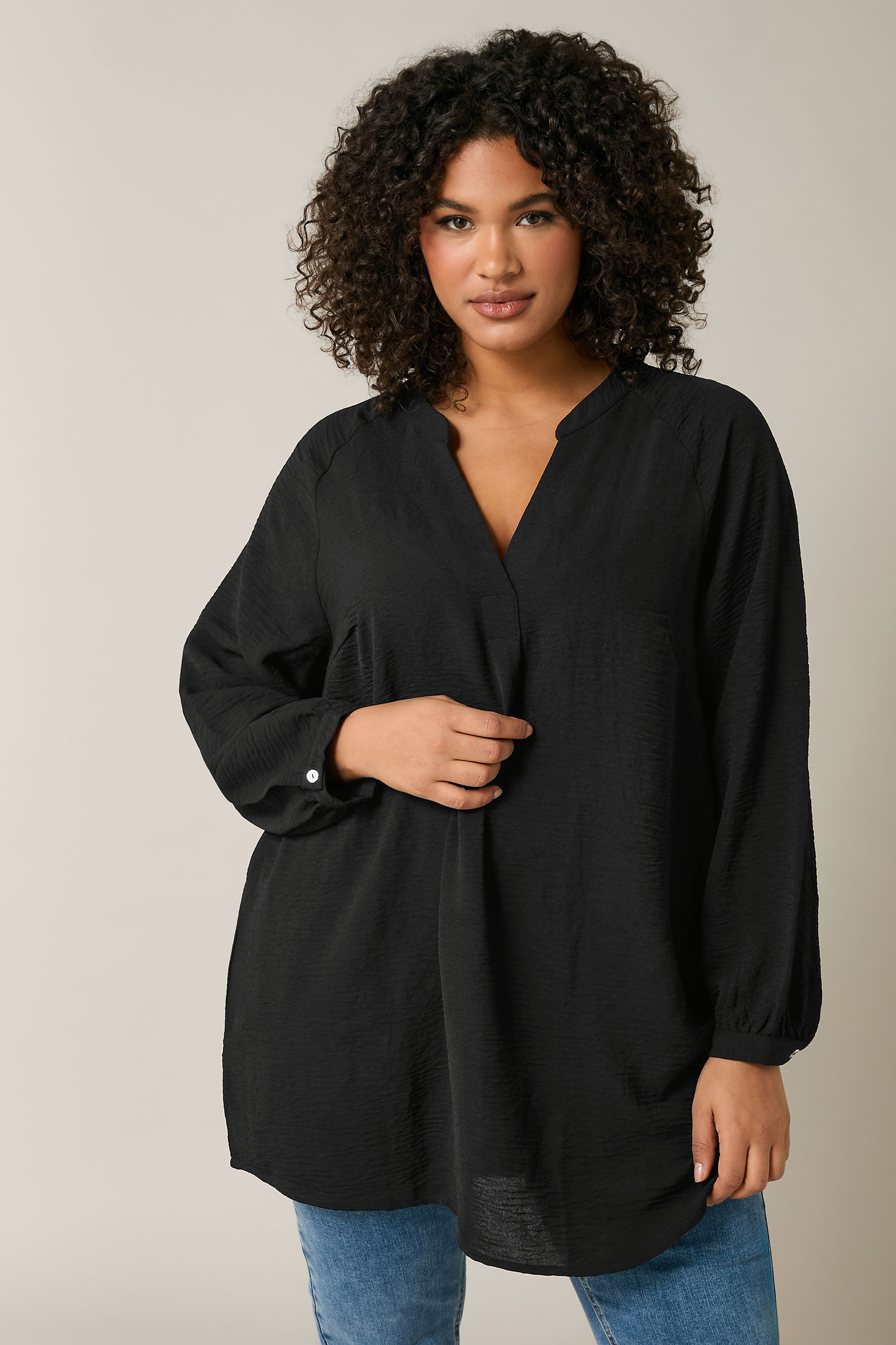 EVANS Plus Size Black Notch Neck Long Sleeve Blouse | Evans 3