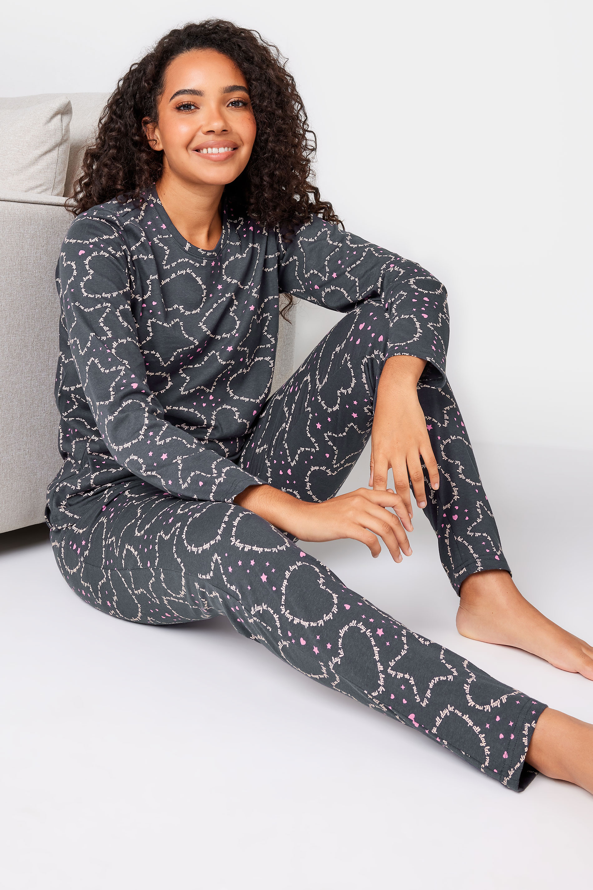M&Co Grey Cotton 'Sleep All Day' Scripted Heart Print Pyjama Set | M&Co 1