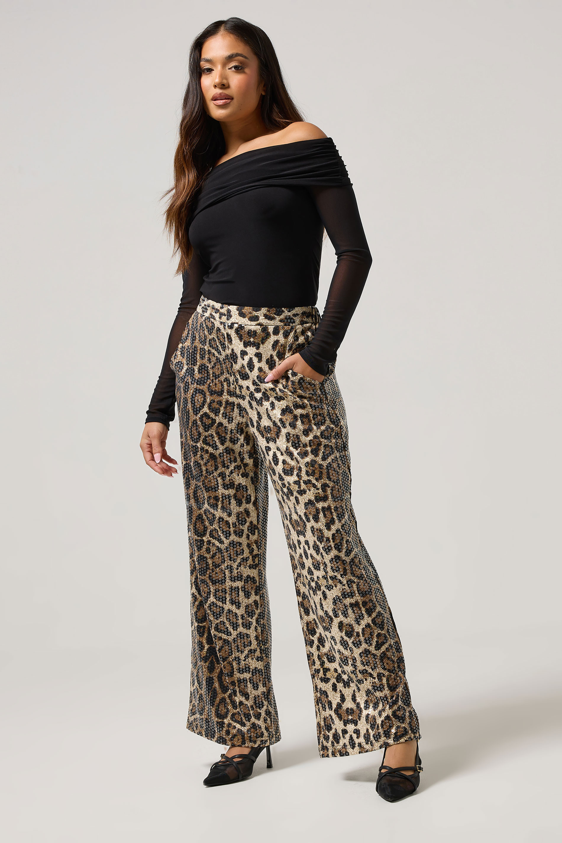 PixieGirl Petite Women's Brown Animal Sequin Wide Leg Trousers | PixieGirl 1