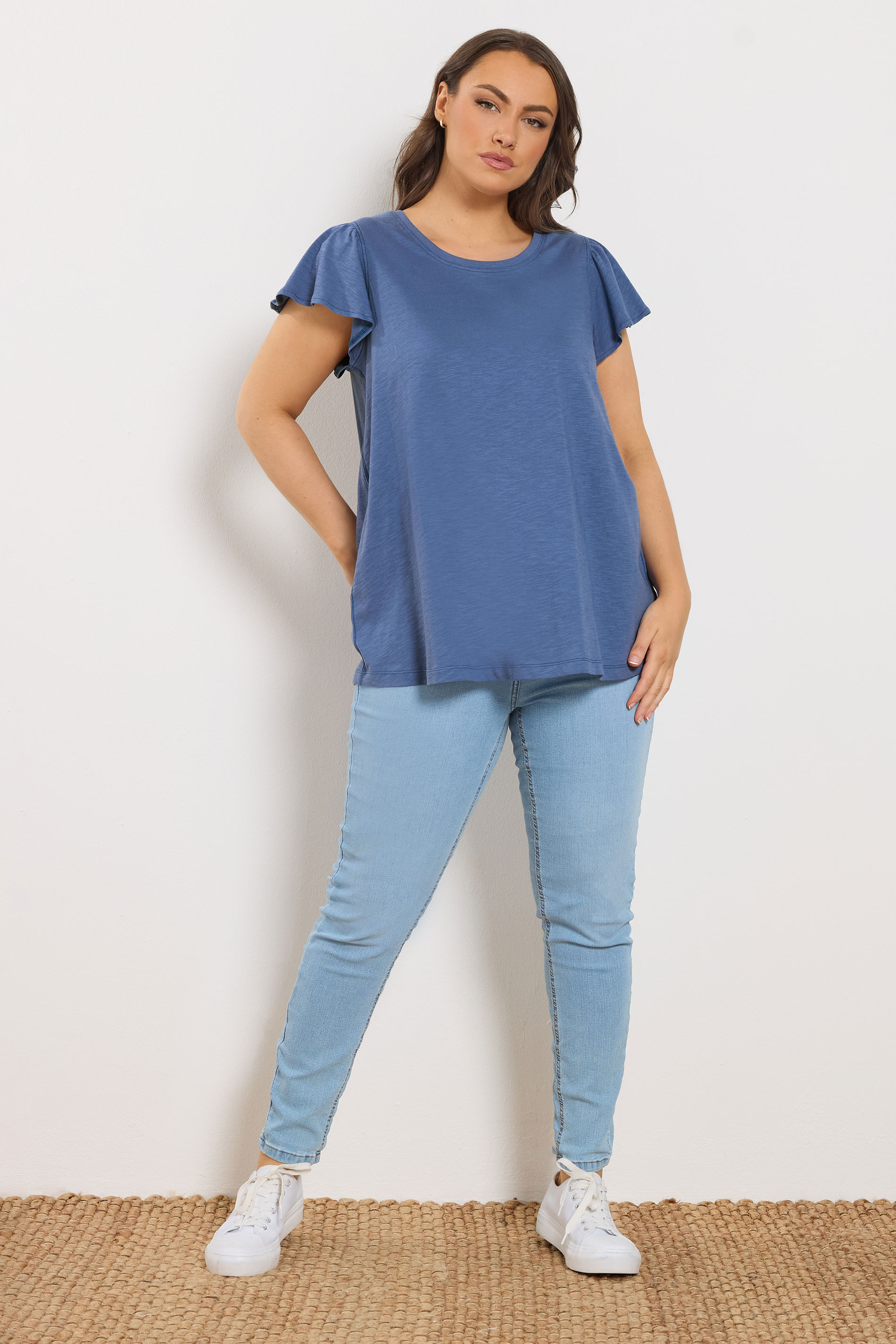 YOURS Plus Size Denim Blue Frill Sleeve T-Shirt | Yours Clothing 1
