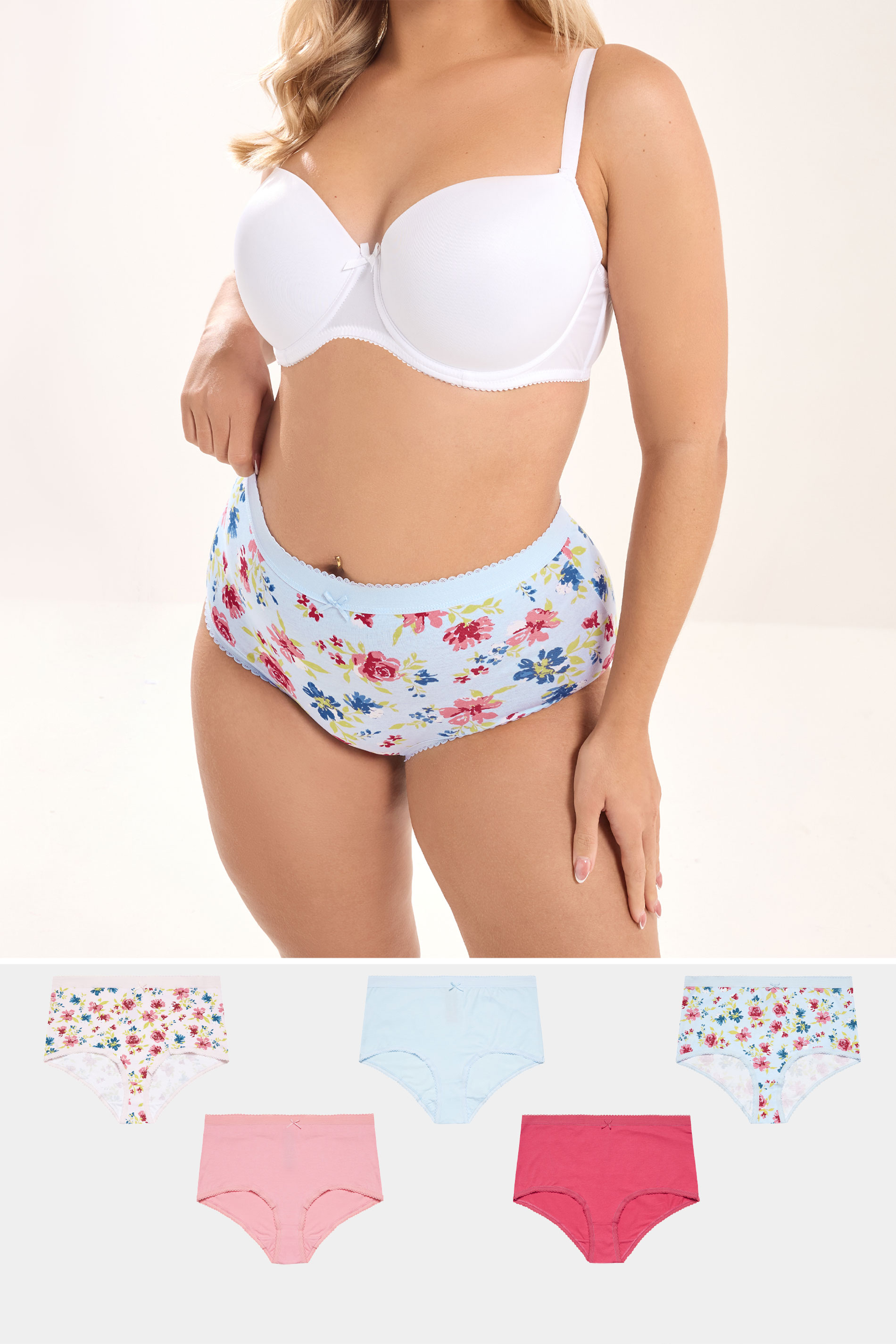 YOURS 5 PACK Plus Size Blue & Pink Floral Full Briefs | Yours Clothing 1