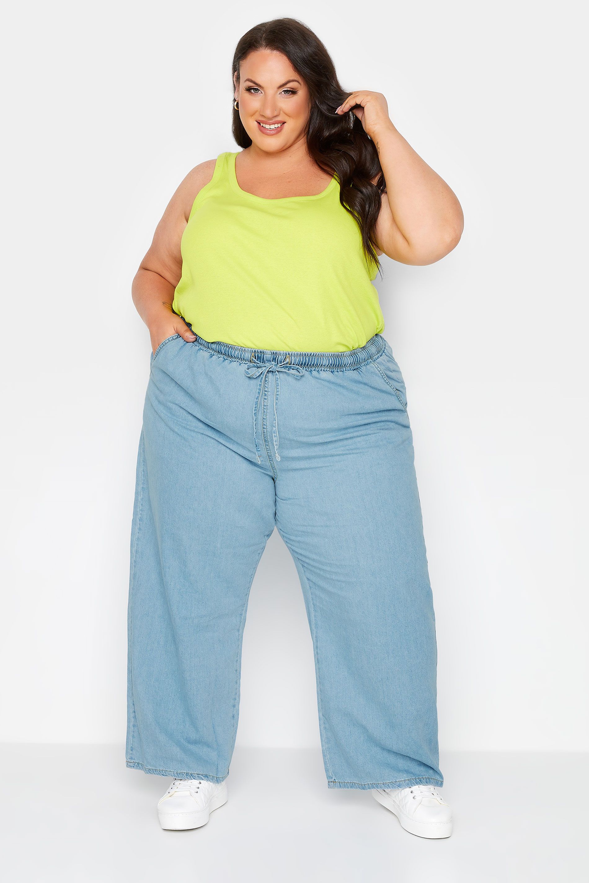 YOURS Plus Size Light Blue Pull On Wide Leg Jeans | Yours Clothing 3