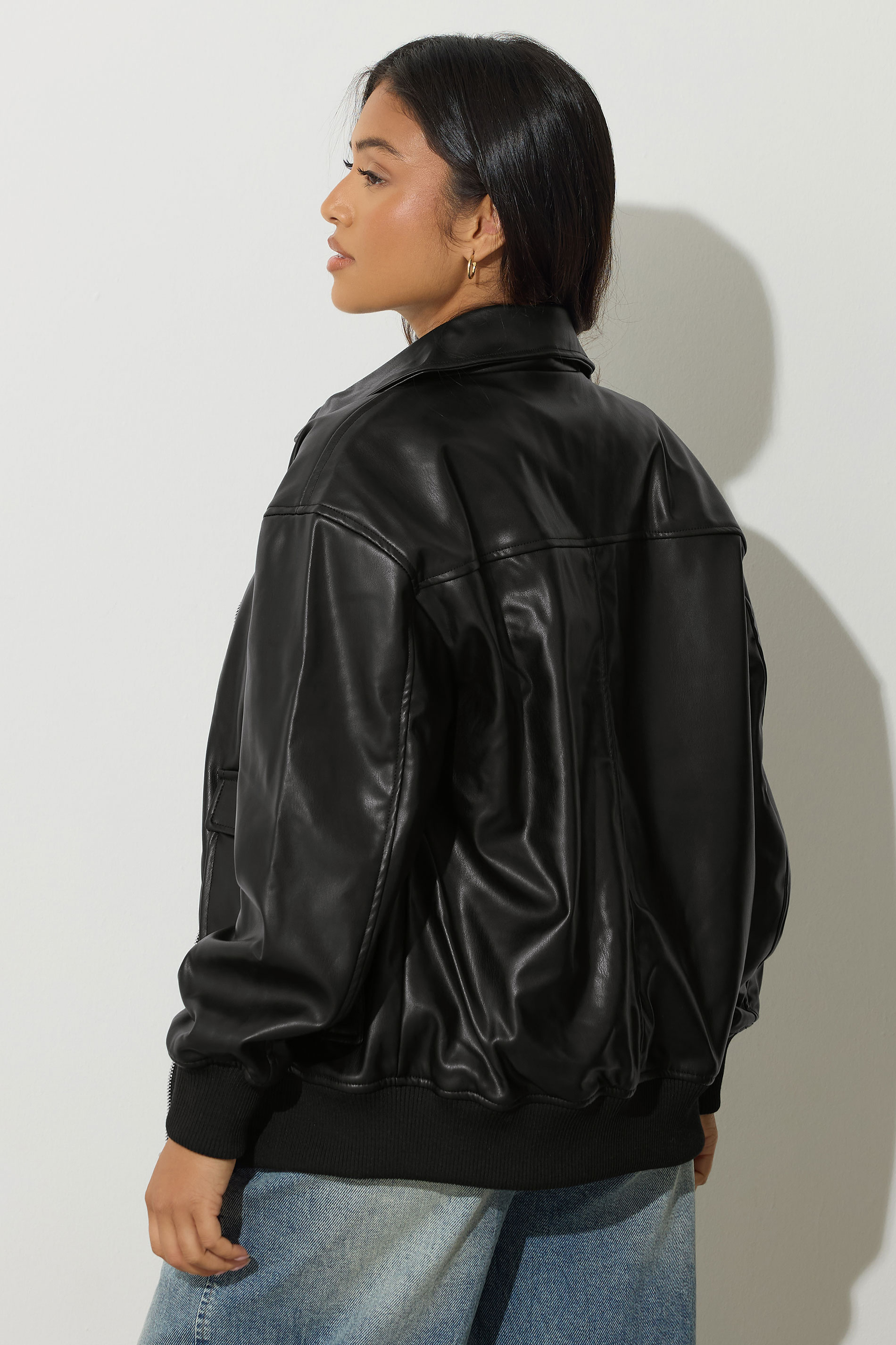 PixieGirl Petite Women's Black Faux Leather Pocket Trucker Jacket | PixieGirl 4