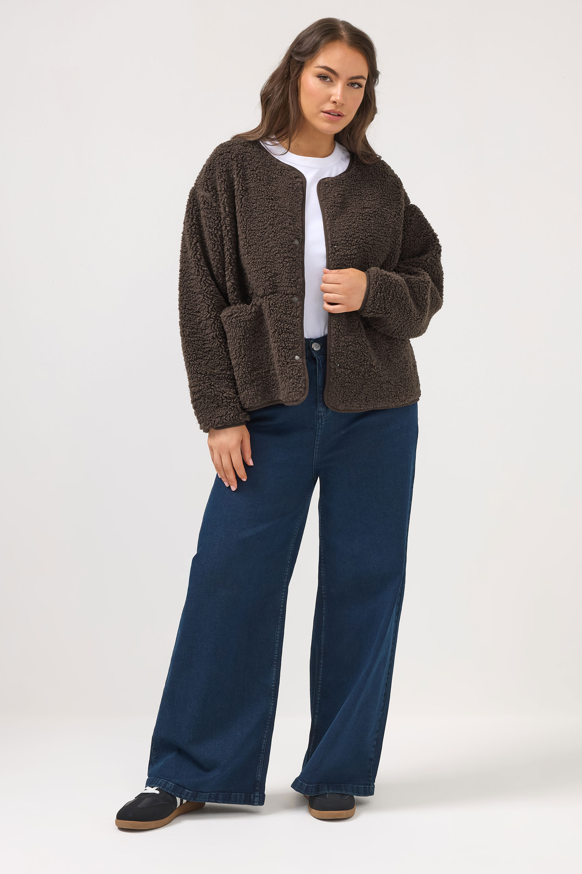 YOURS Plus Size Chocolate Brown Collarless Fleece Jacket | Yours Clothing 1