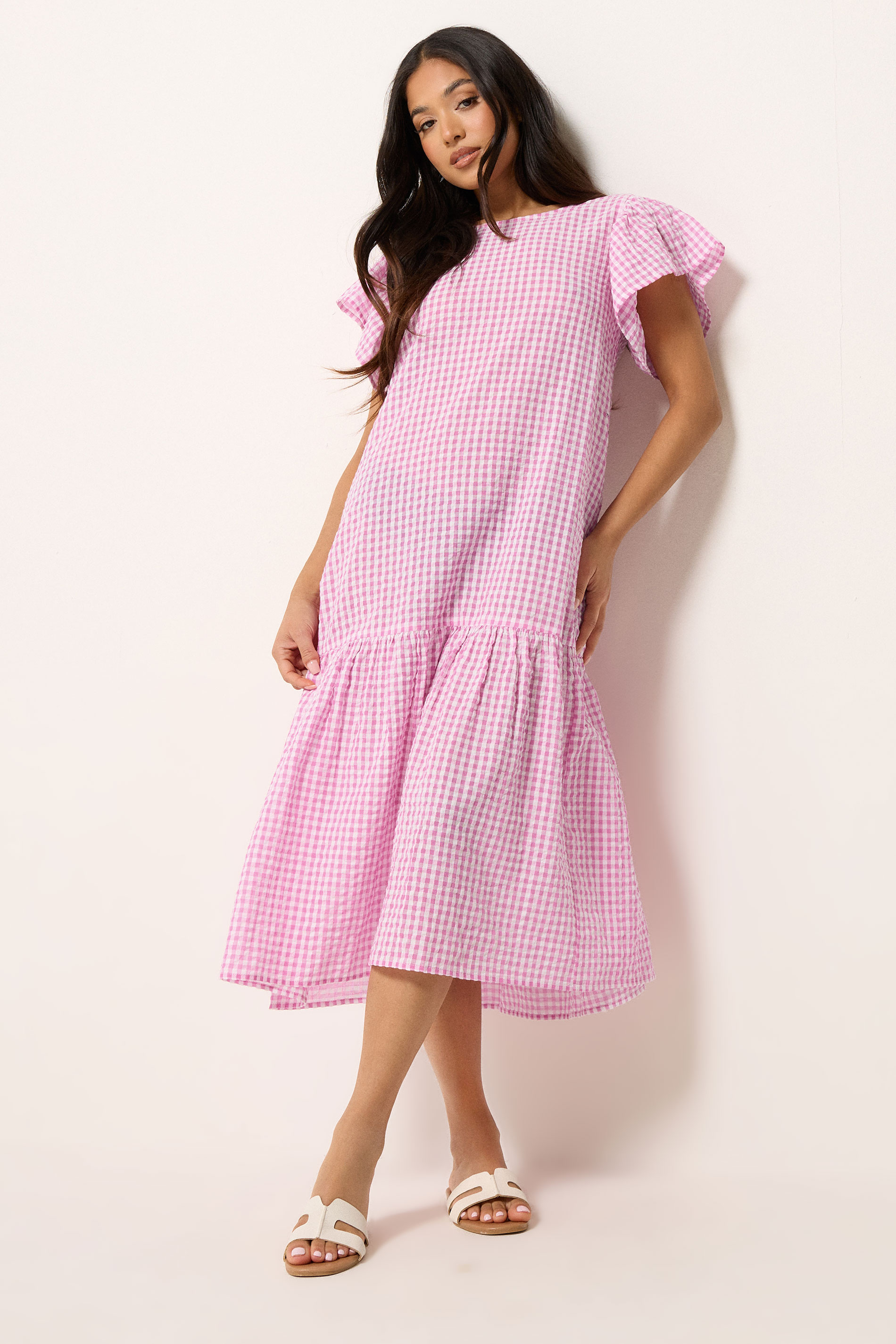 PixieGirl Petite Women's Pink Gingham Drop Waist Midi Dress | PixieGirl 1