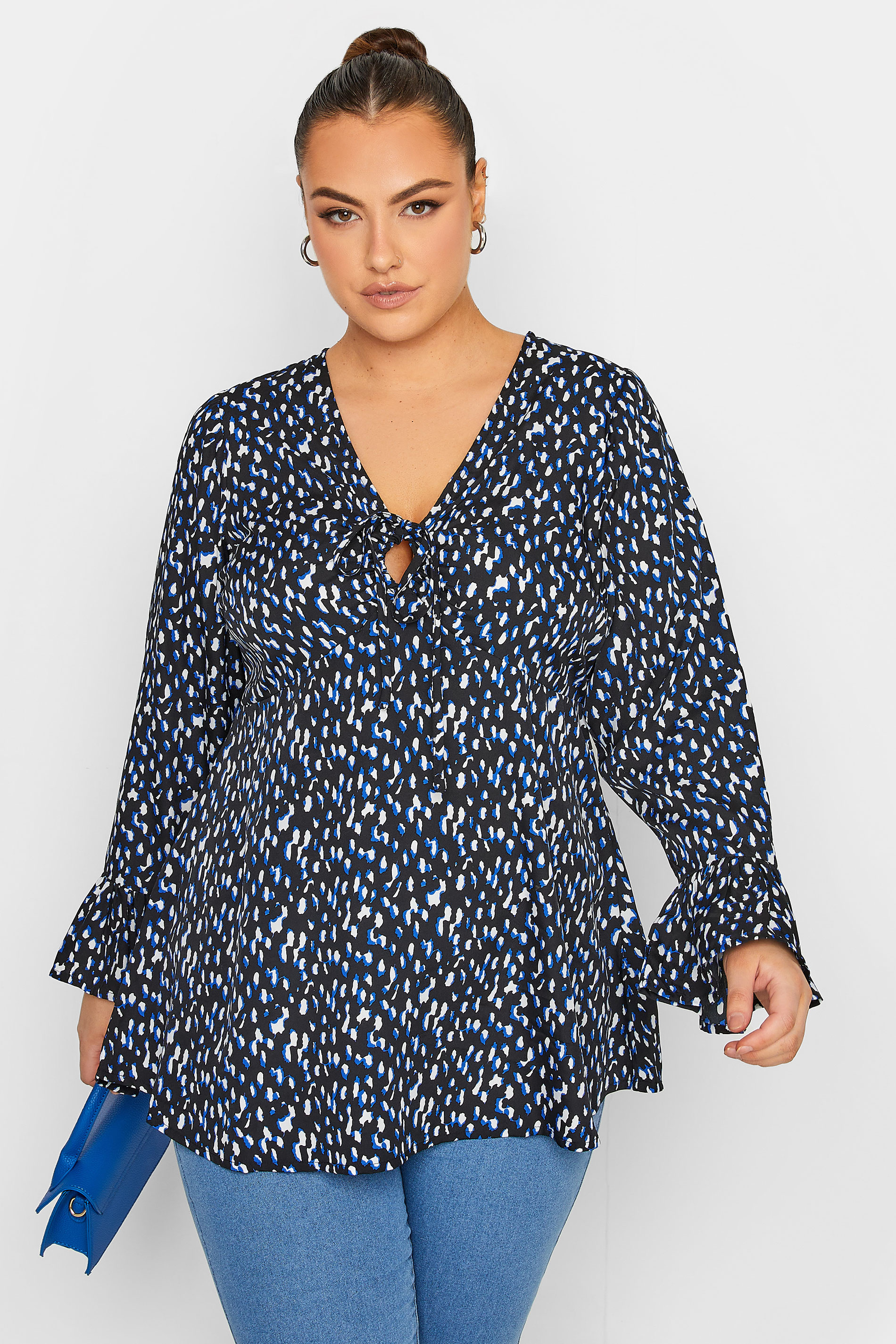 LIMITED COLLECTION Plus Size Curve Blue Dalmatian Print Blouse | Yours Clothing 1