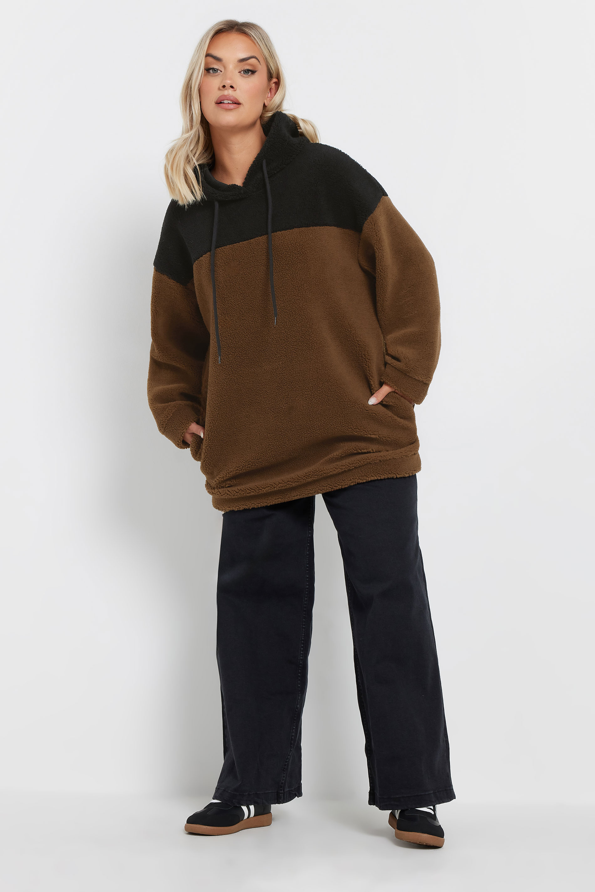 YOURS Plus Size Brown & Black Colourblock Teddy Fleece Hoodie | Yours Clothing  2