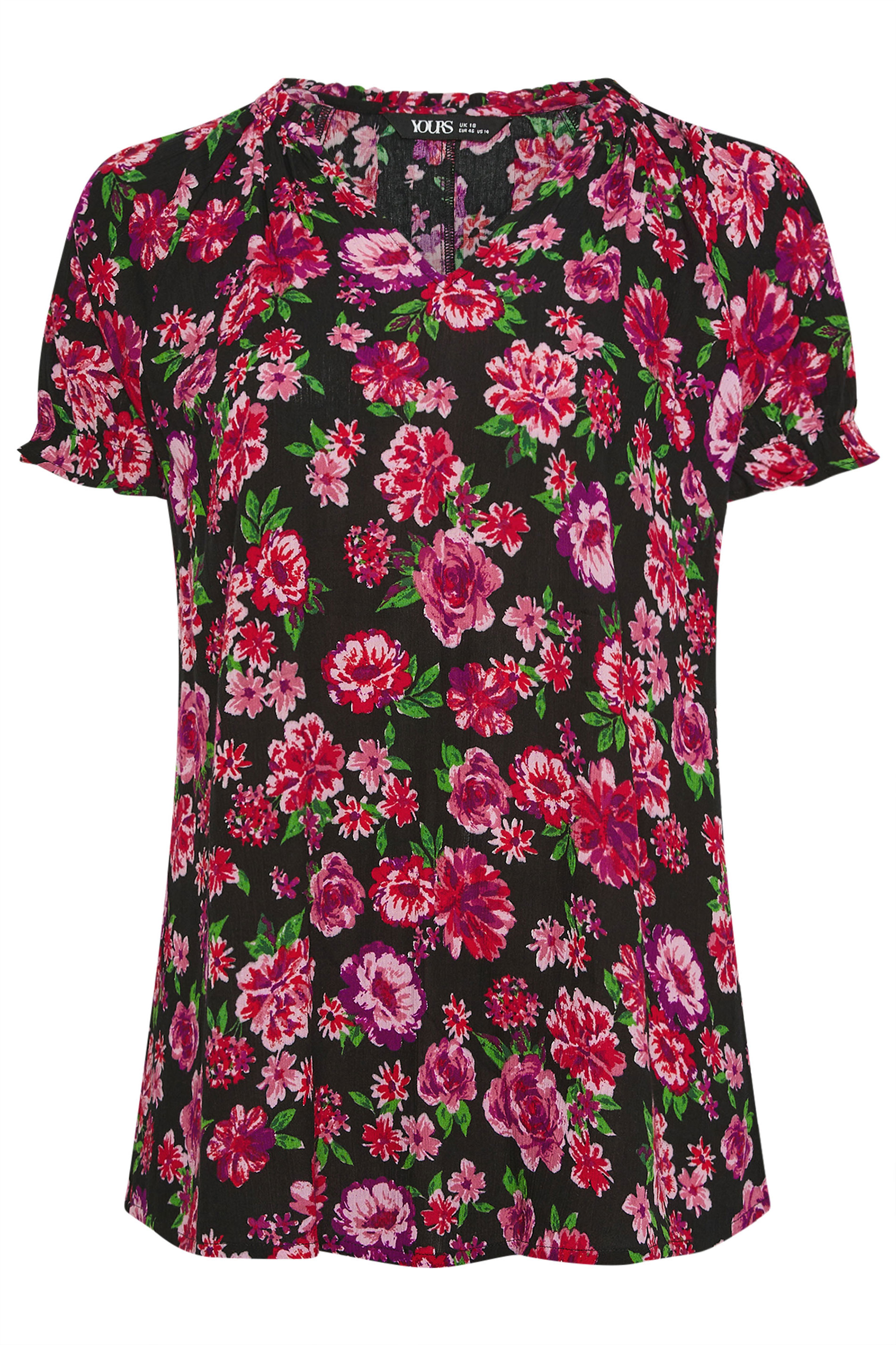 YOURS Plus Size Black & Pink Floral Notch Neck Blouse | Yours Clothng 5