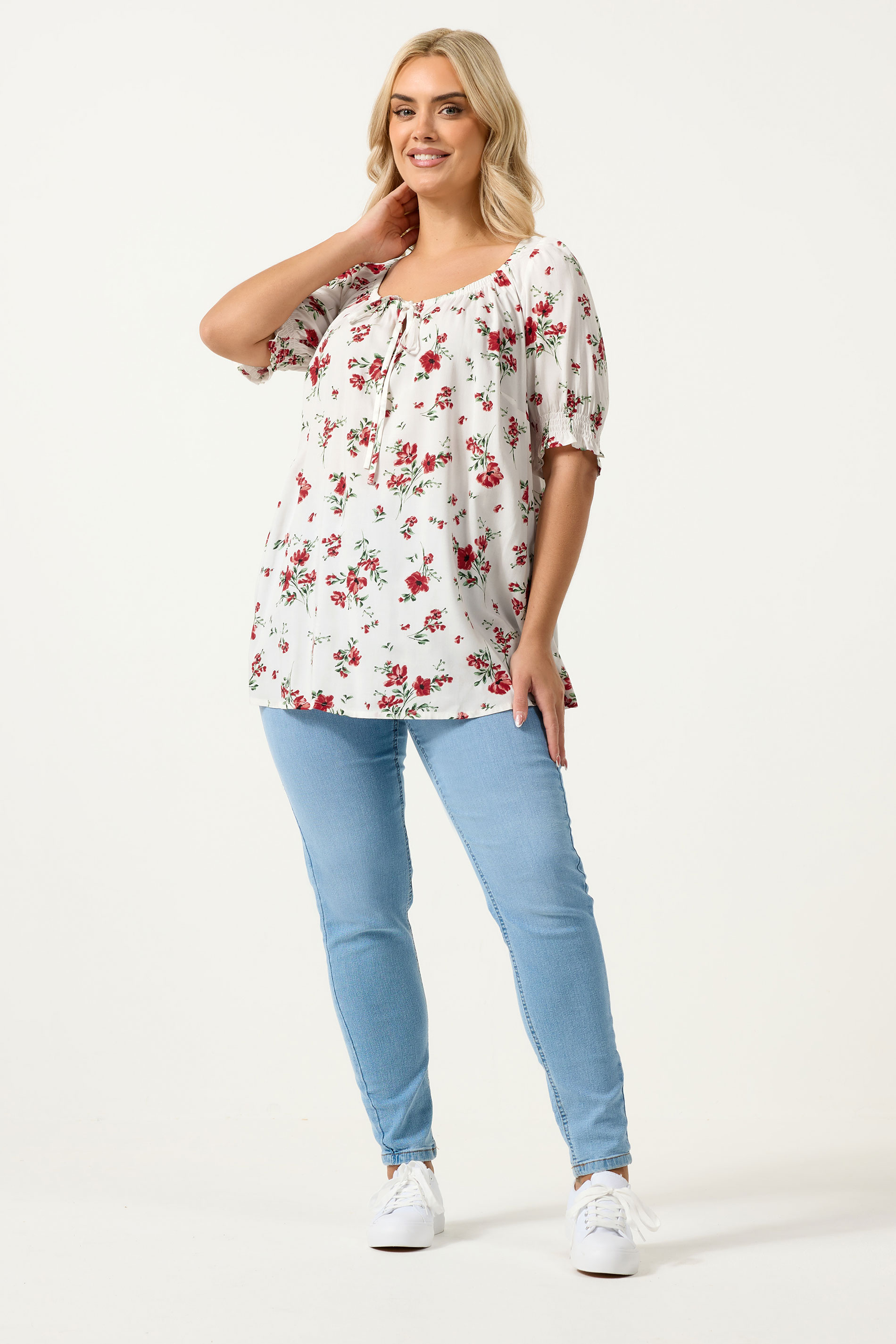 YOURS Plus Size White Floral Print Tie Neck Top | Yours Clothing 1