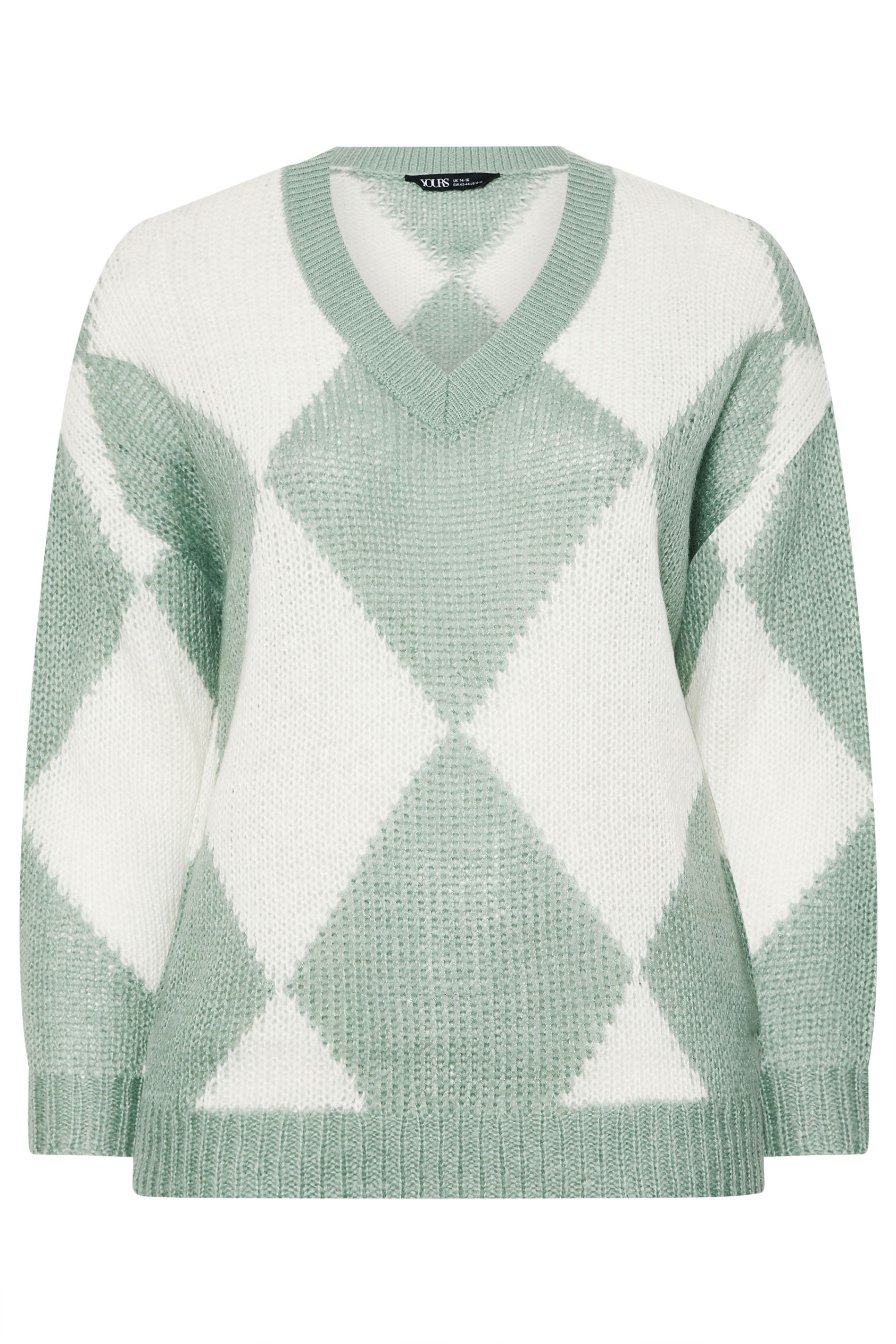 YOURS Plus Size Green Diamond V-Neck Soft Touch Jumper | Yours Clothing 5