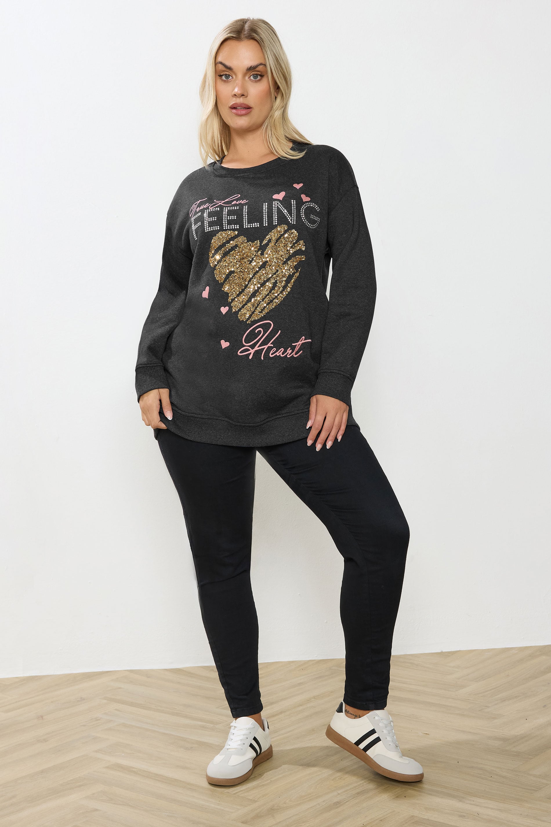 YOURS Curve Grey 'True Love Feeling' Heart Embellished Sweatshirt | Yours Clothing 1