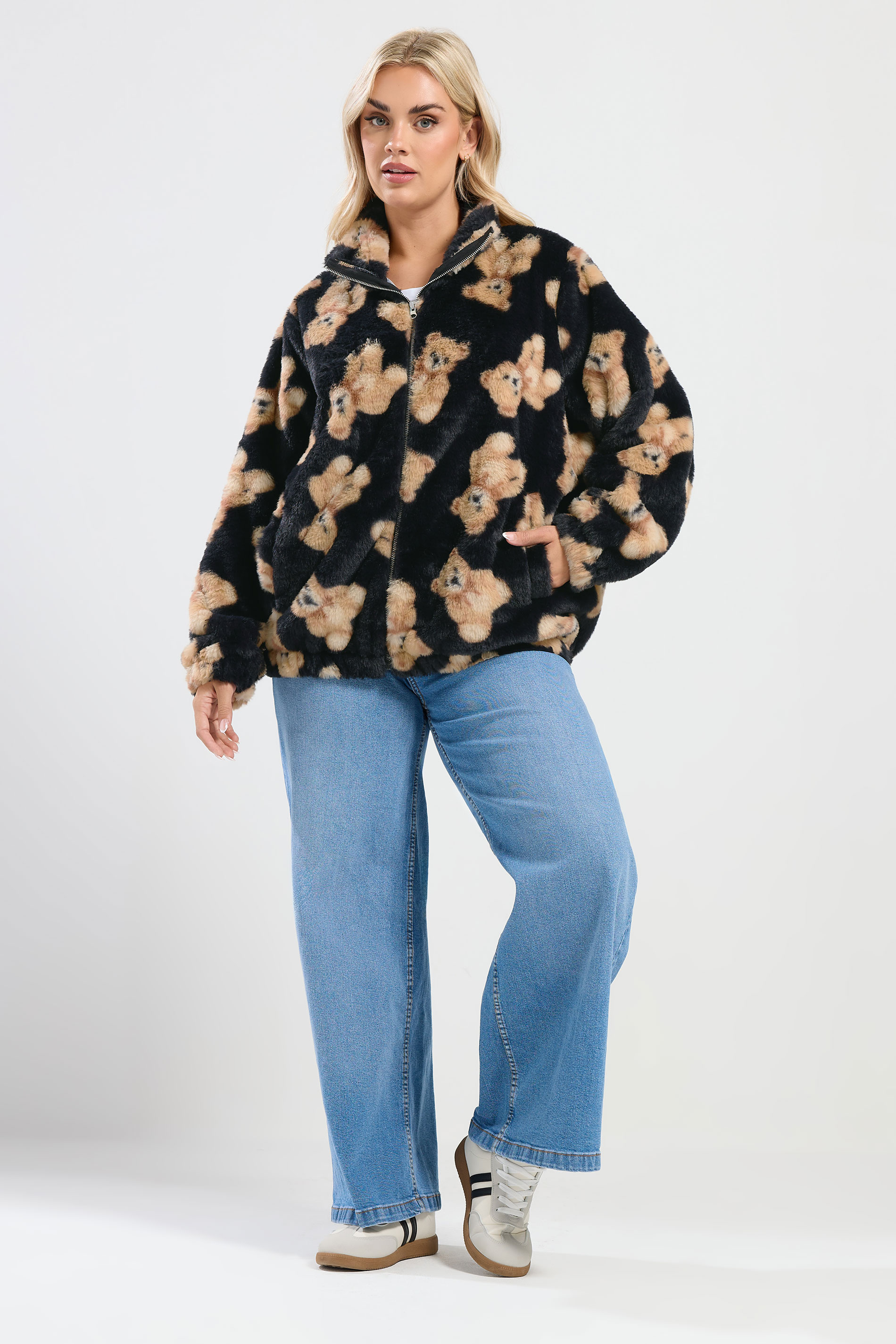 YOURS Plus Size Black Teddy Bear Faux Fur Fleece Jacket | Yours Clothing 1