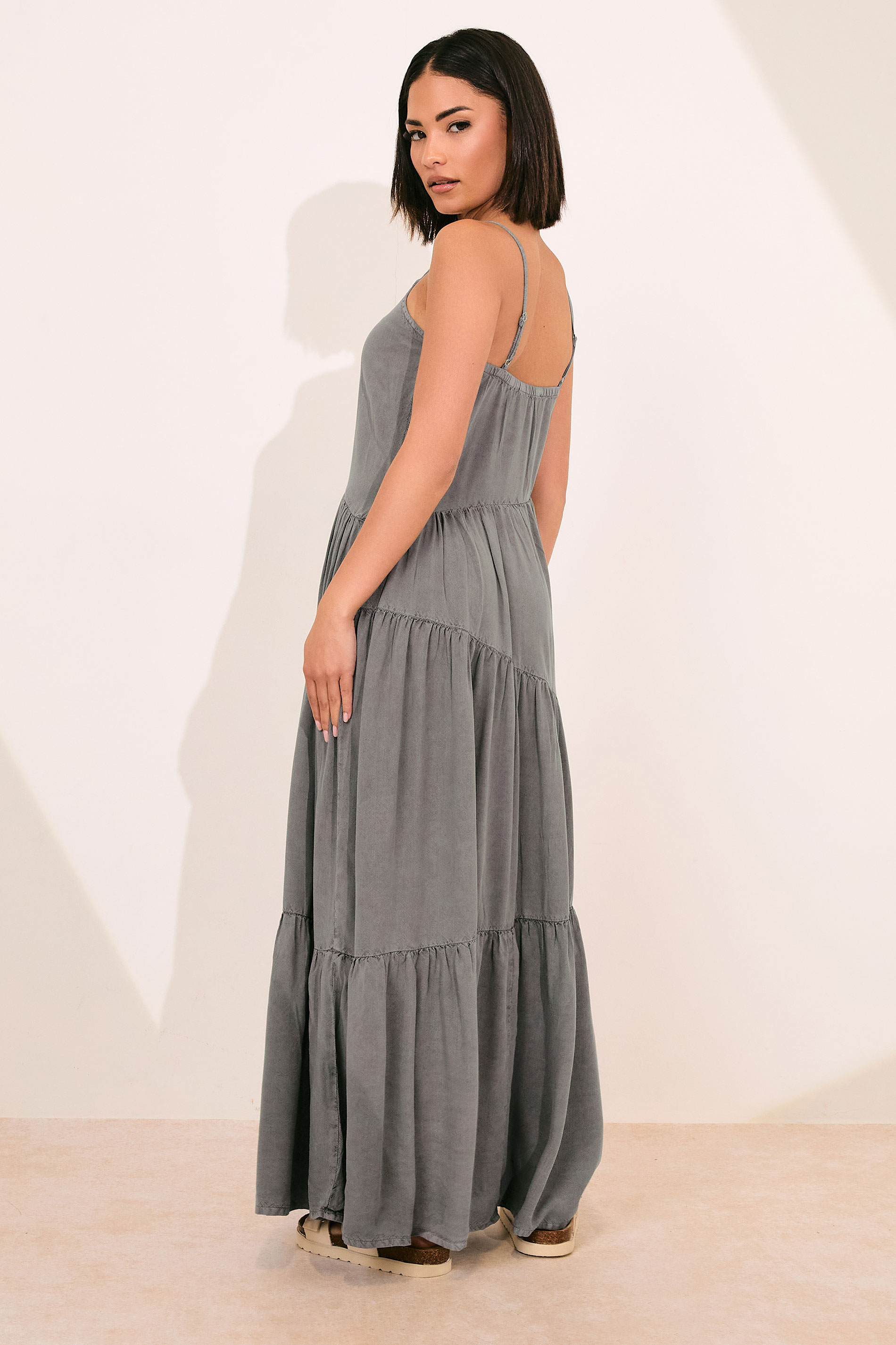 PixieGirl Petite Women's Grey Acid Wash Asymmetric Tiered Maxi Dress | PixieGirl 2
