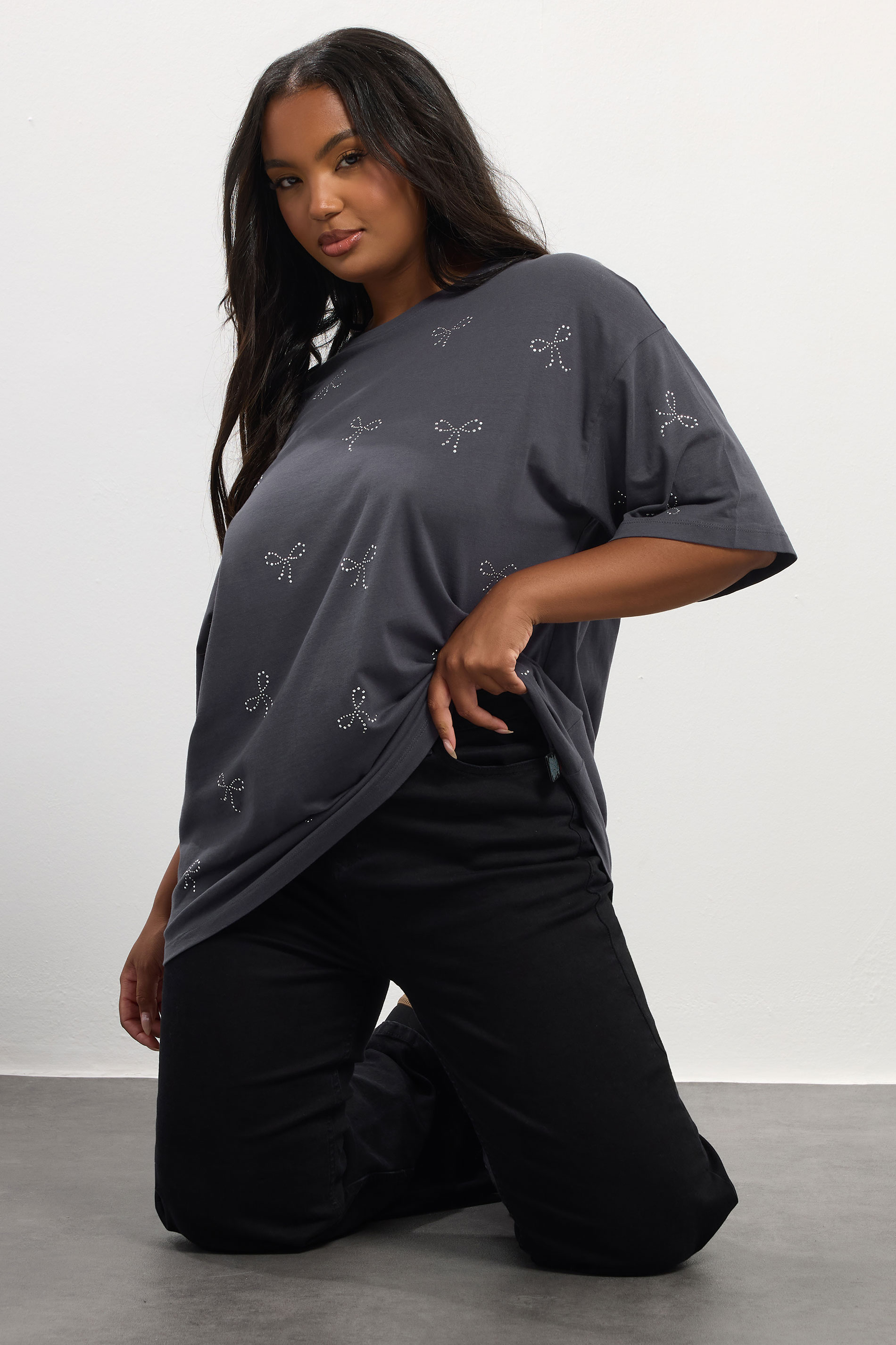 YOURS Plus Size Grey Embellished Bow Oversized T-Shirt | Yours Clothing 1