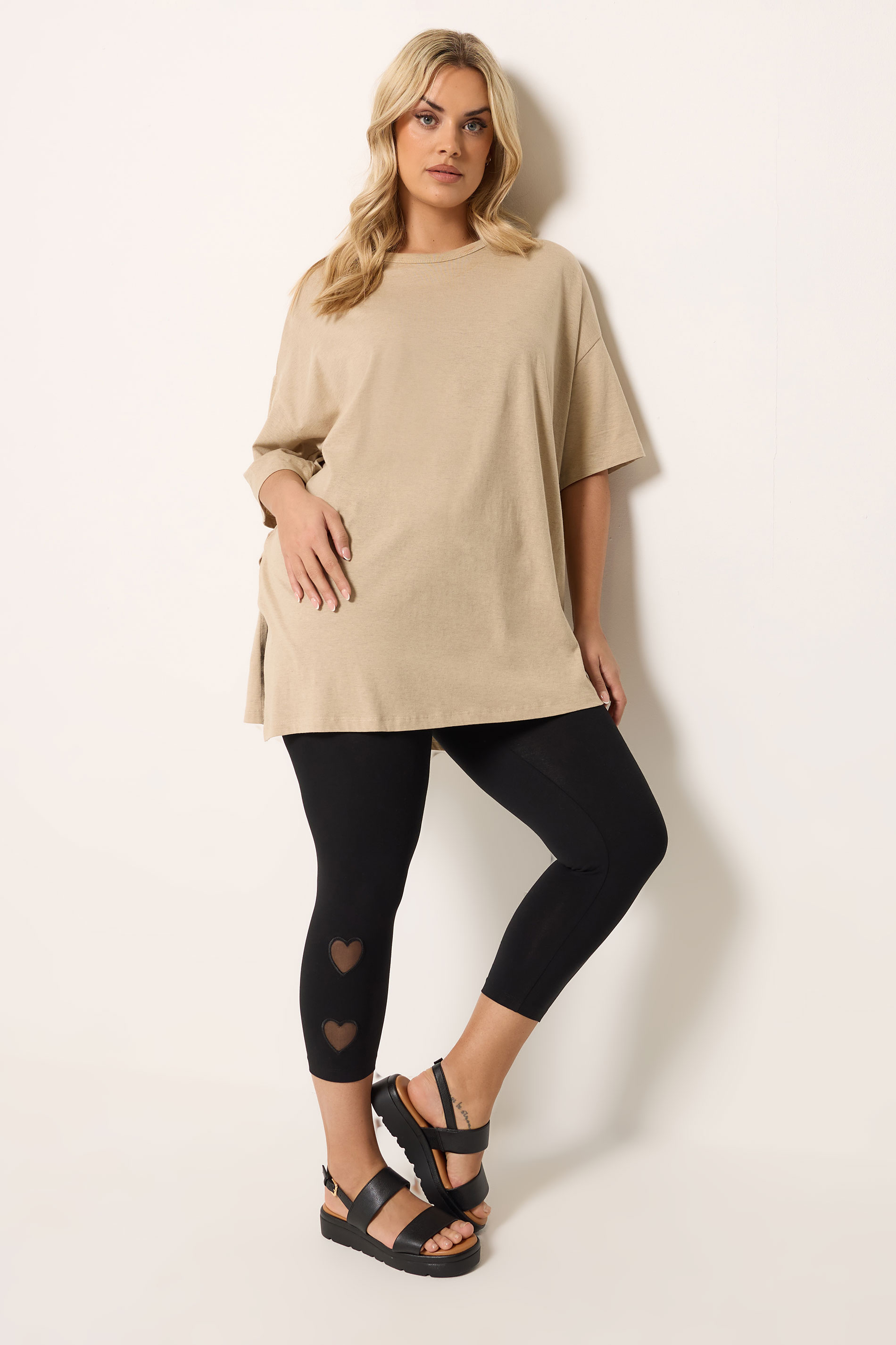 YOURS Plus Size Black Heart Mesh Detail Cropped Leggings | Yours Clothing 3