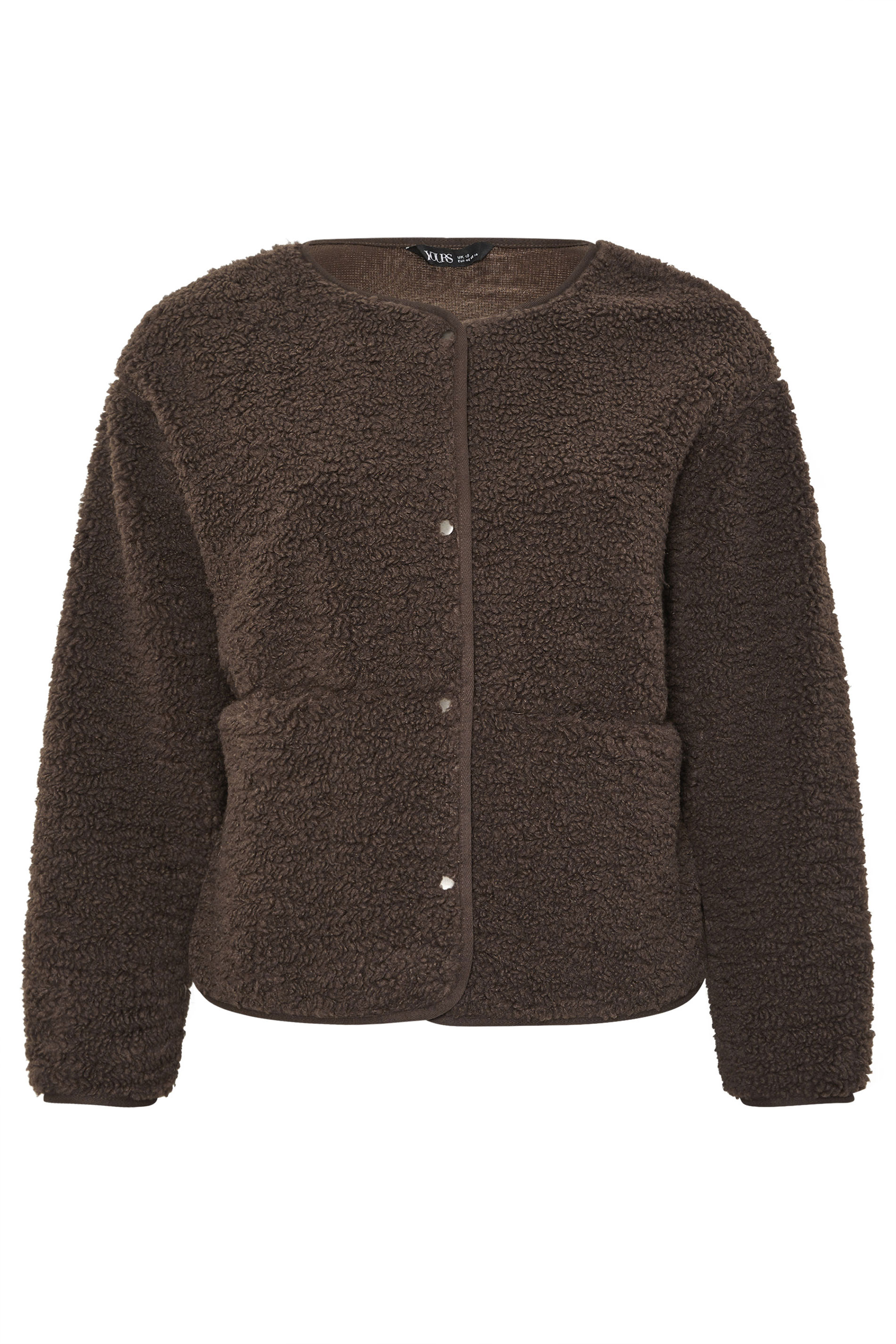 YOURS Plus Size Chocolate Brown Collarless Fleece Jacket | Yours Clothing 5