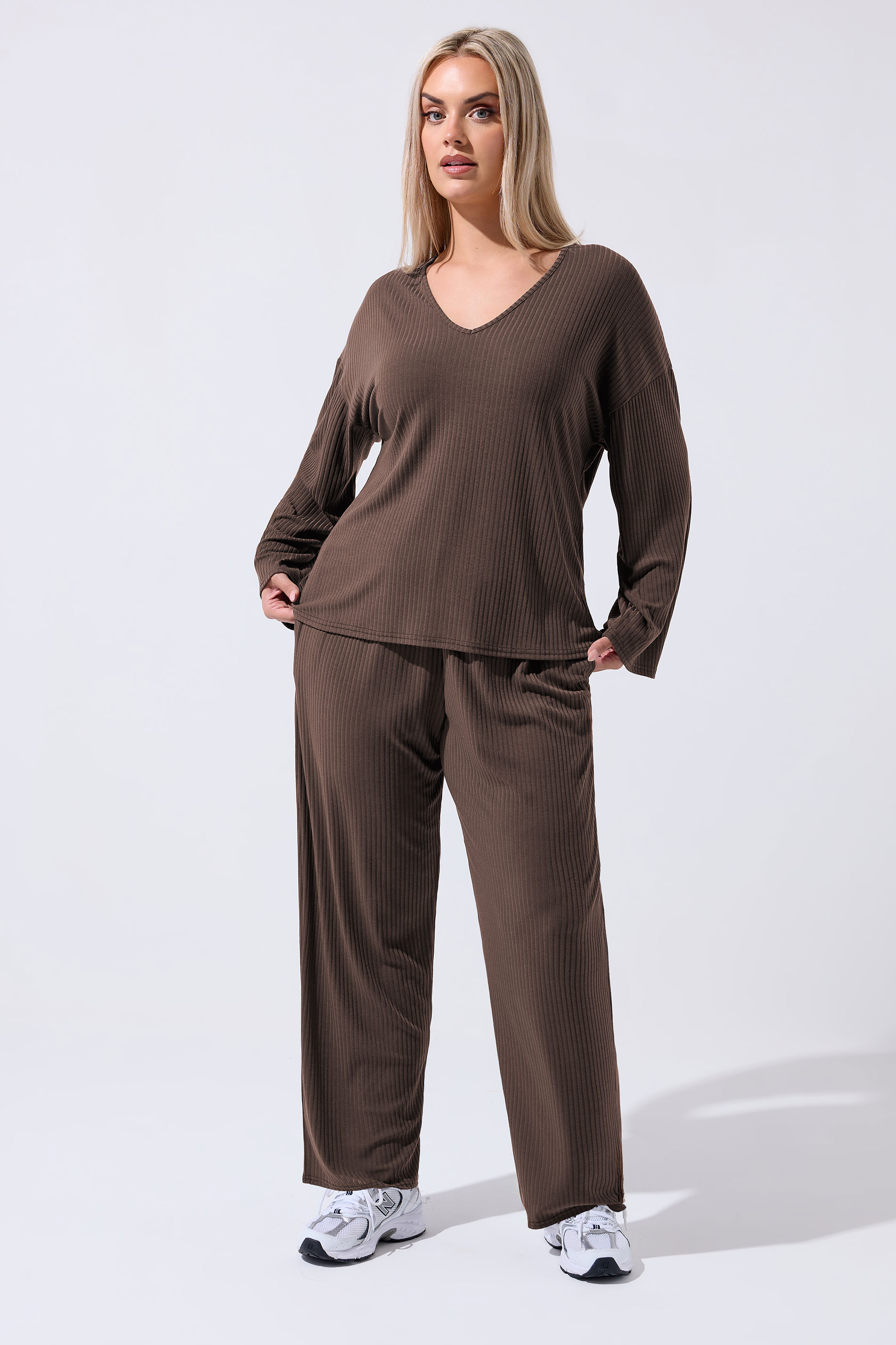 LIMITED COLLECTION Plus Size Brown Ribbed V-Neck Top | Yours Clothing 1
